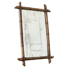 Large Early 20th Century French Faux Bamboo Mirror in Wood and Weathered Mirror
