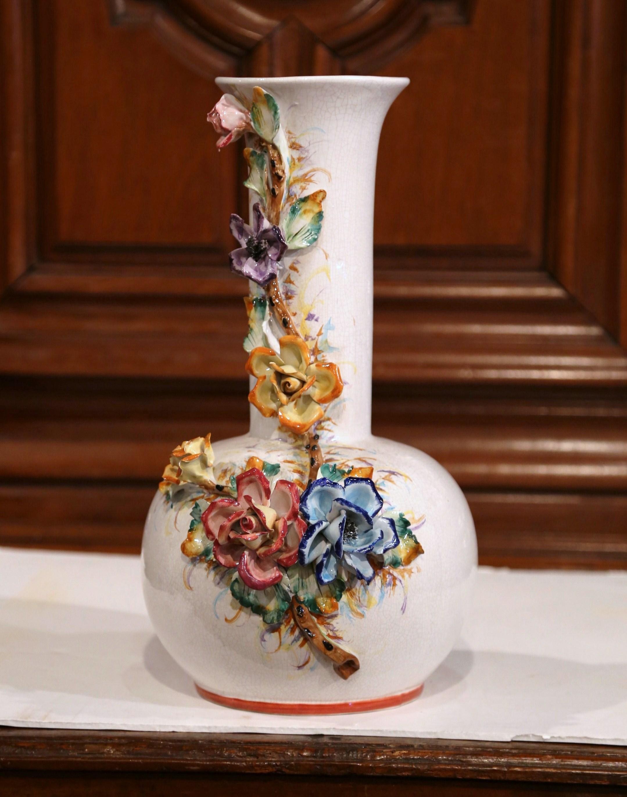 Majolica Large Early 20th Century French Hand Painted Barbotine Vase with Flowers