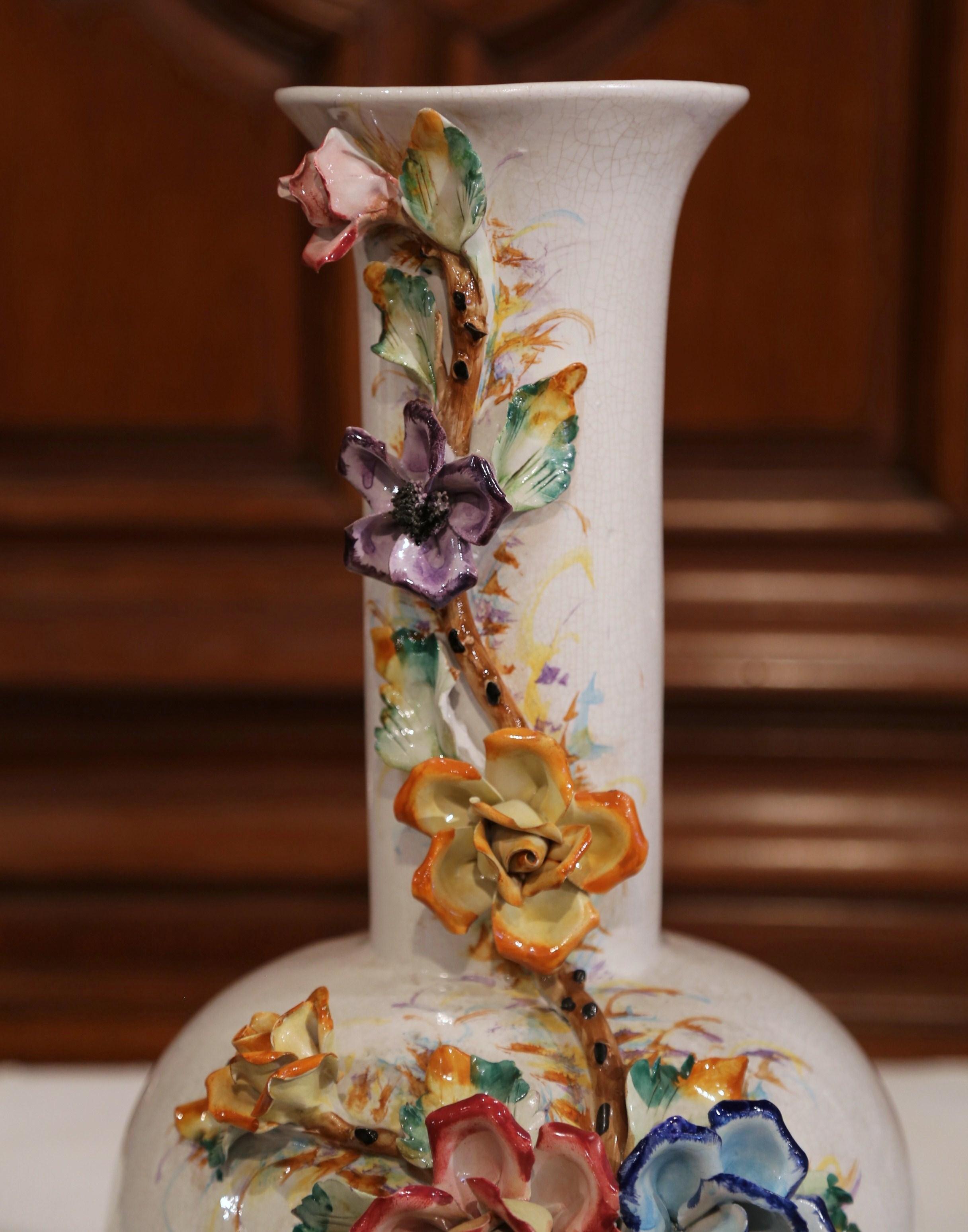 Large Early 20th Century French Hand Painted Barbotine Vase with Flowers 1