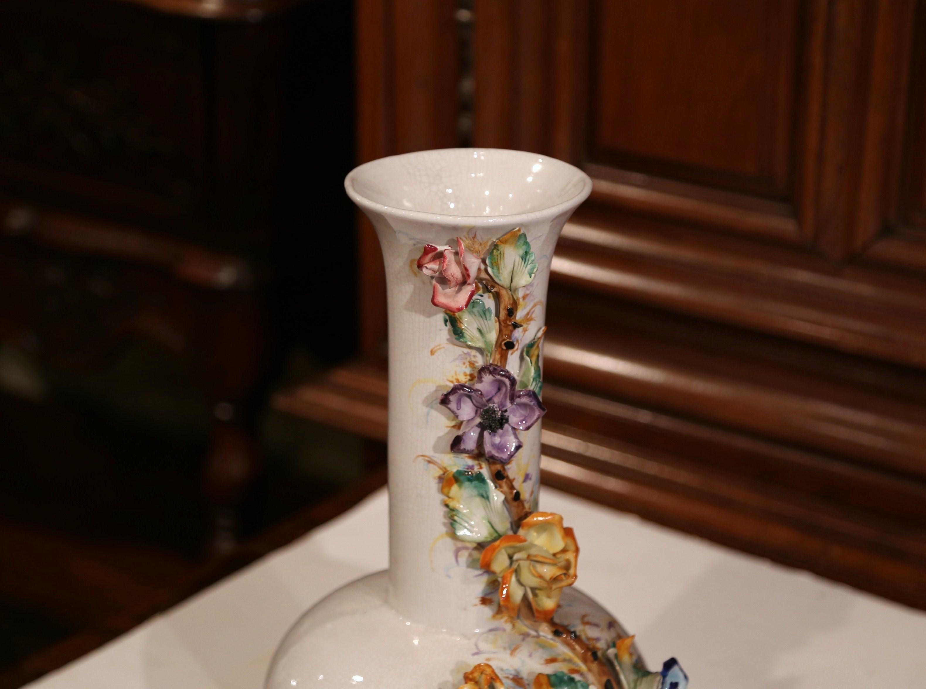 Large Early 20th Century French Hand Painted Barbotine Vase with Flowers 2