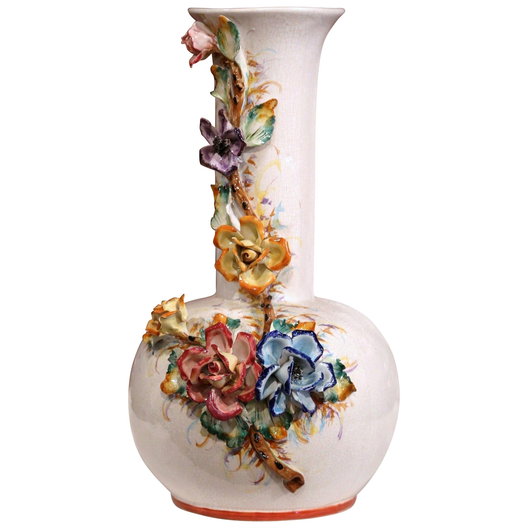 Large Early 20th Century French Hand Painted Barbotine Vase with Flowers