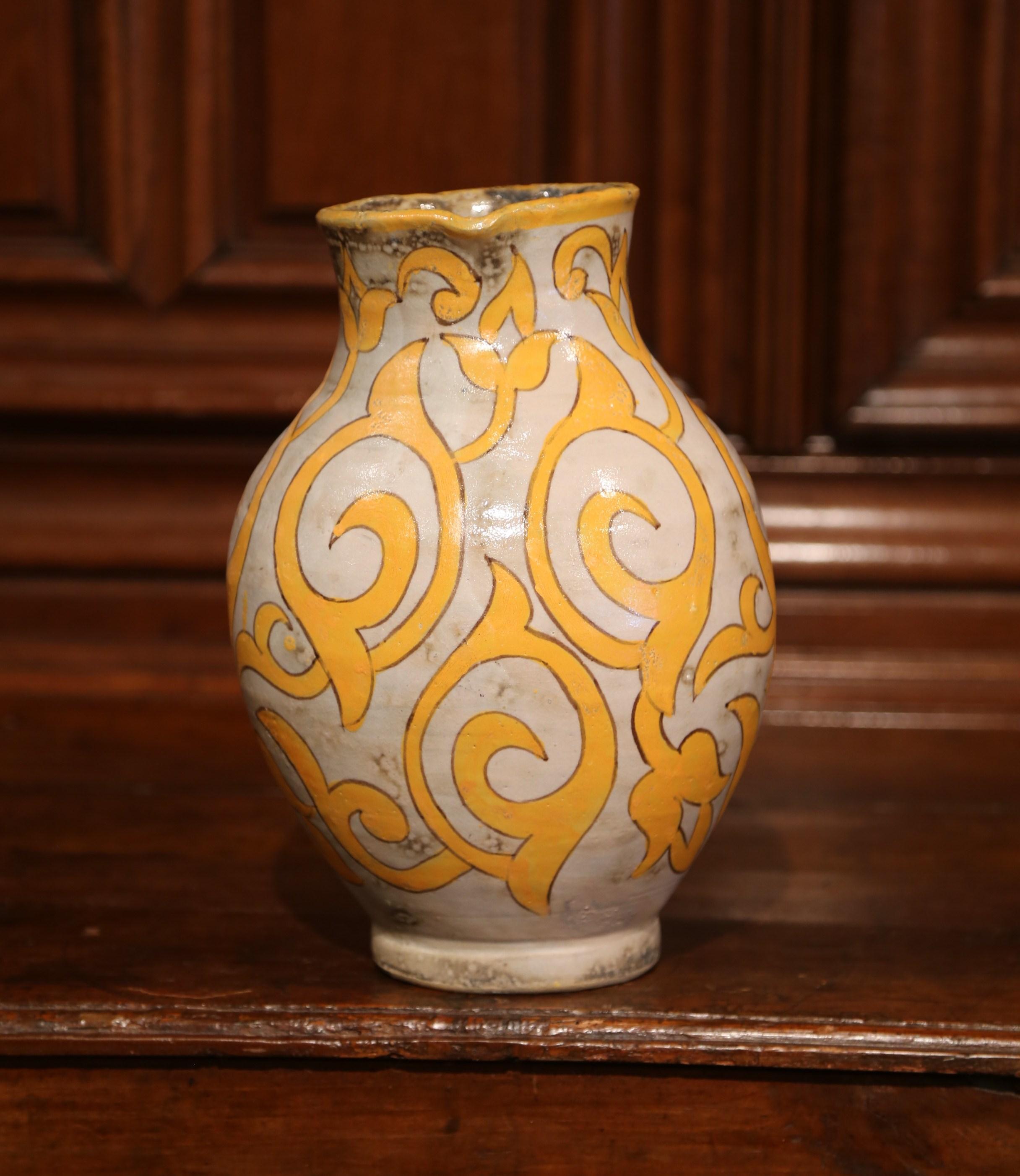 Large Early 20th Century French Hand-Painted Ceramic Pitcher with Floral Decor In Excellent Condition In Dallas, TX