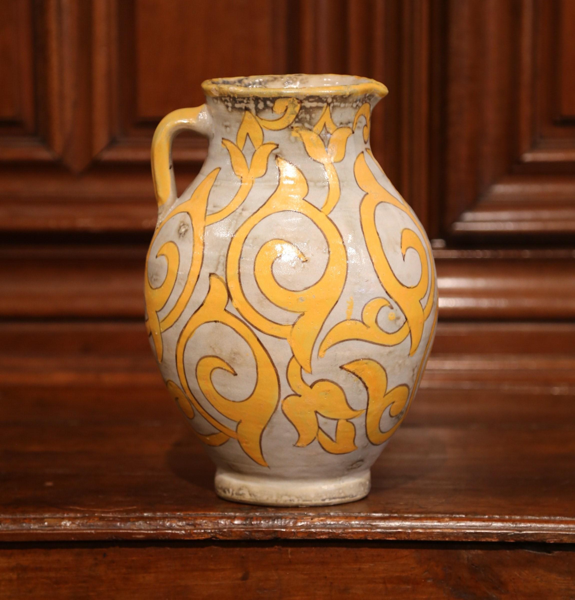 Large Early 20th Century French Hand-Painted Ceramic Pitcher with Floral Decor 2