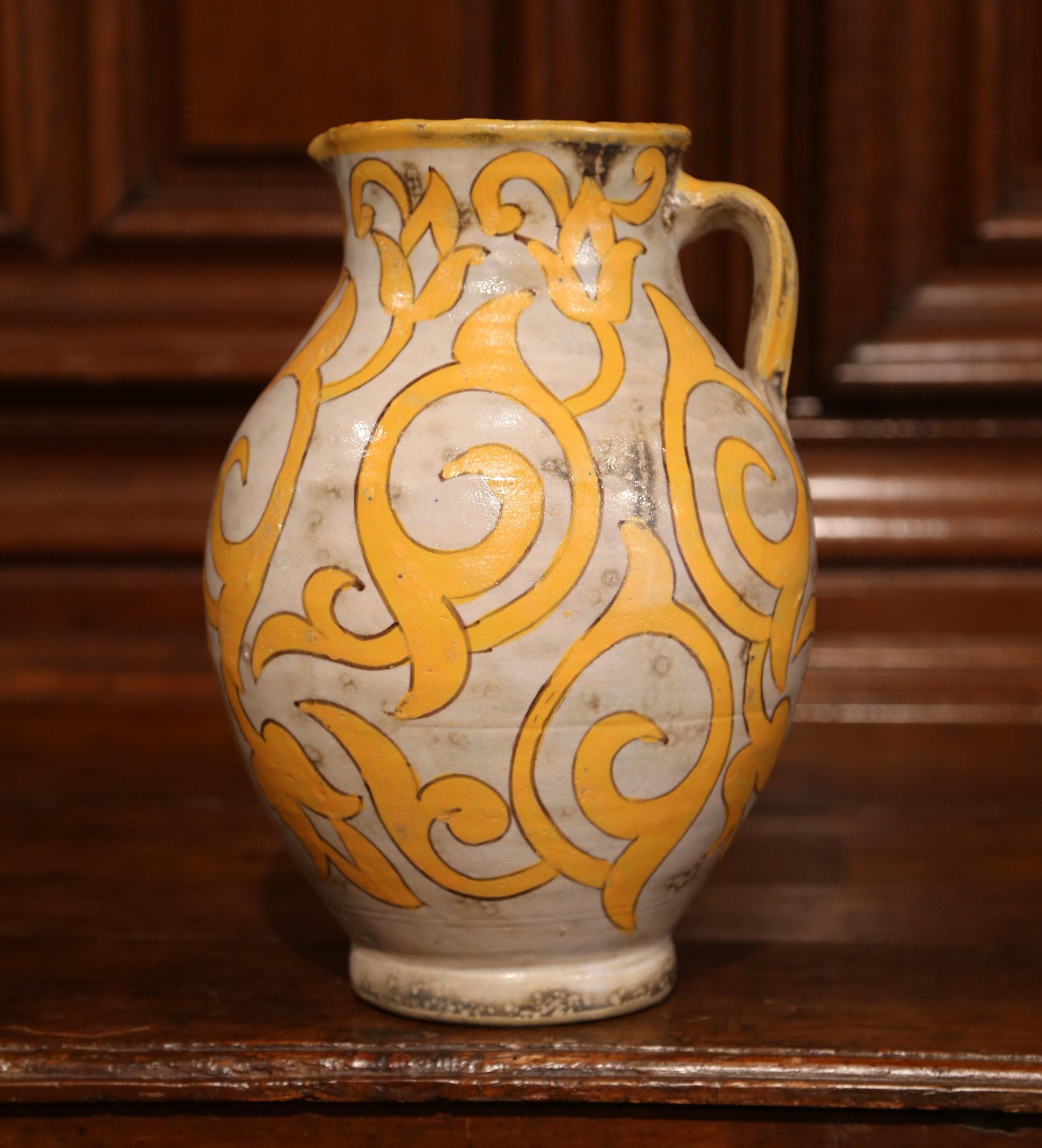 Large Early 20th Century French Hand-Painted Ceramic Pitcher with Floral Decor 3