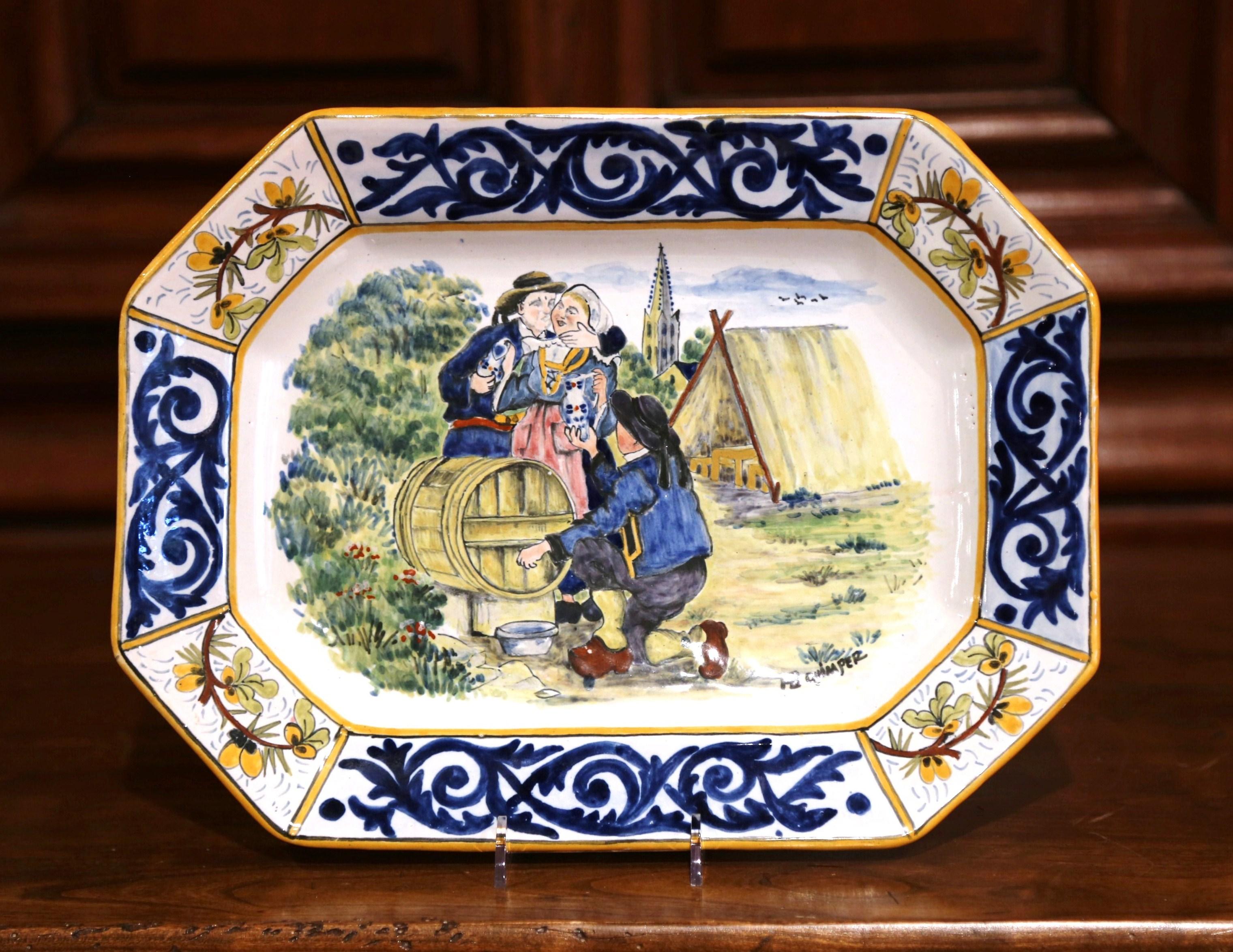 Large Early 20th Century French Hand Painted Faience HB Quimper Platter In Excellent Condition For Sale In Dallas, TX
