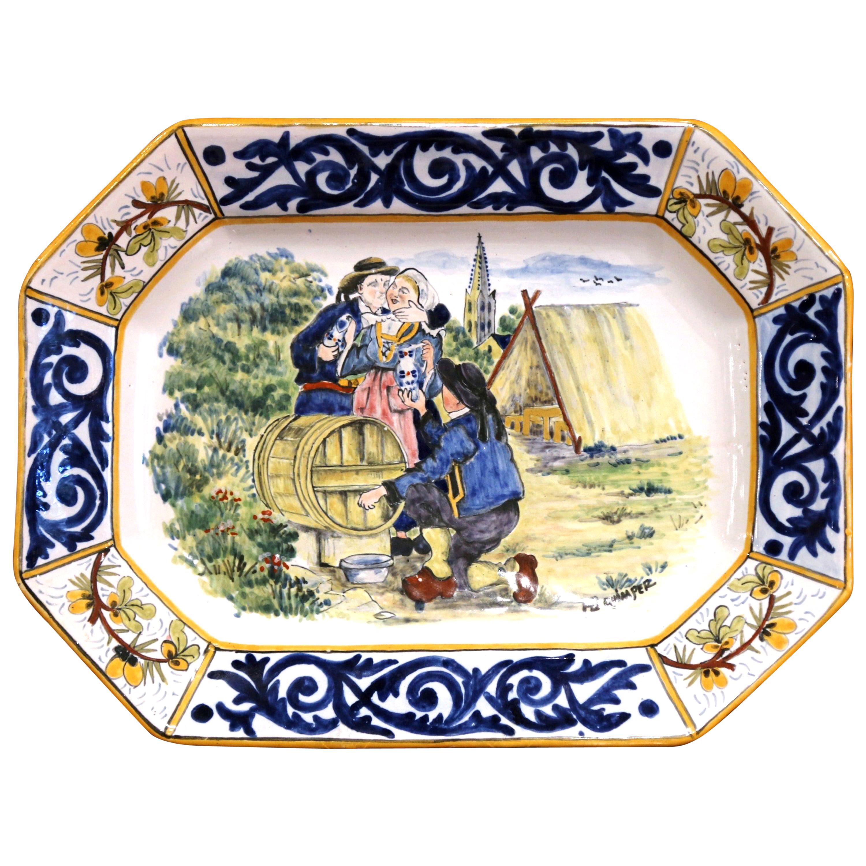 Große französische handbemalte HB Quimper-Platte aus Fayence, HB, frühes 20. Jahrhundert