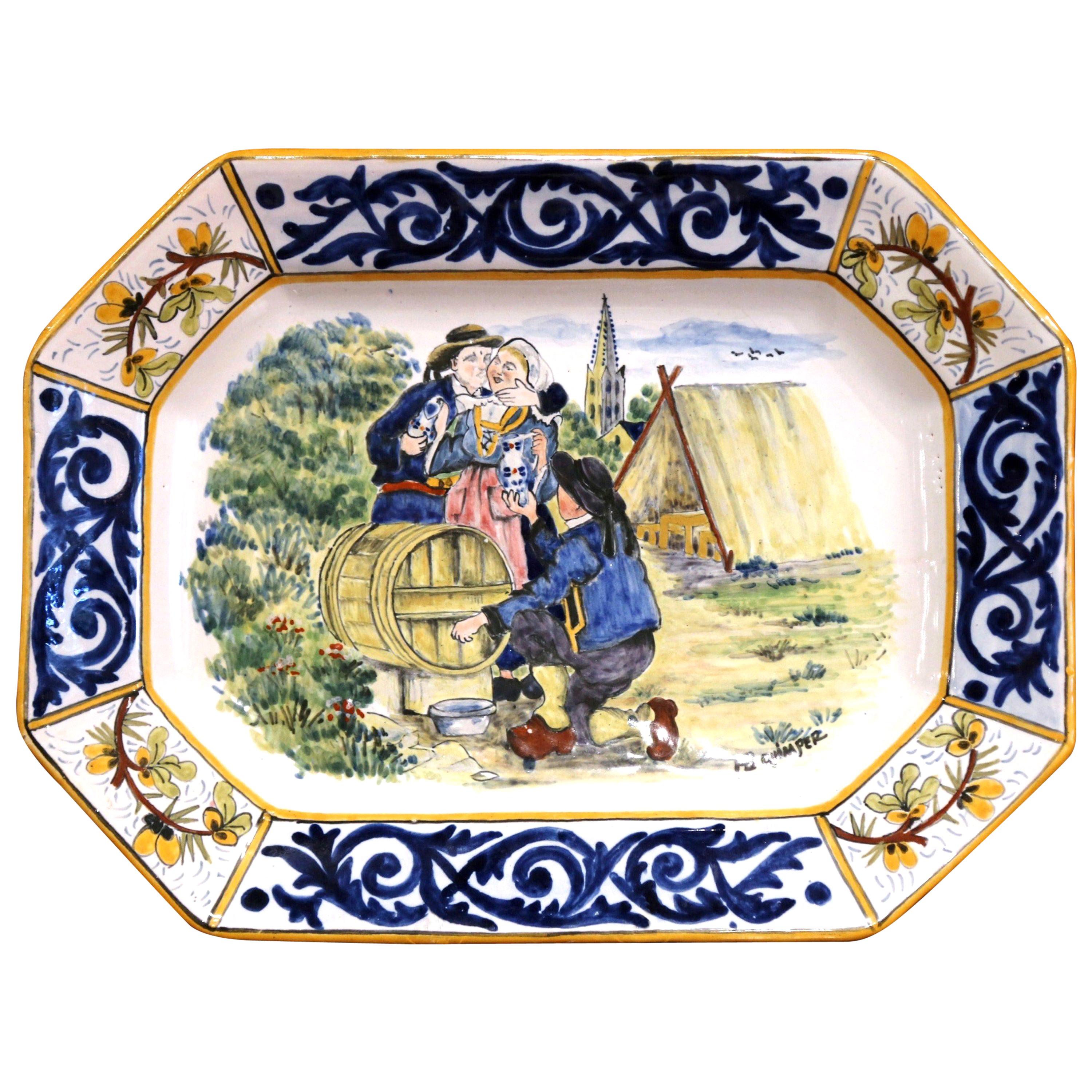 Gran plato Quimper de loza HB pintado a mano francés de principios del siglo XX