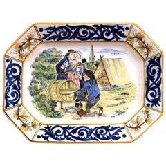 Gran plato Quimper de loza HB pintado a mano francés de principios del siglo XX