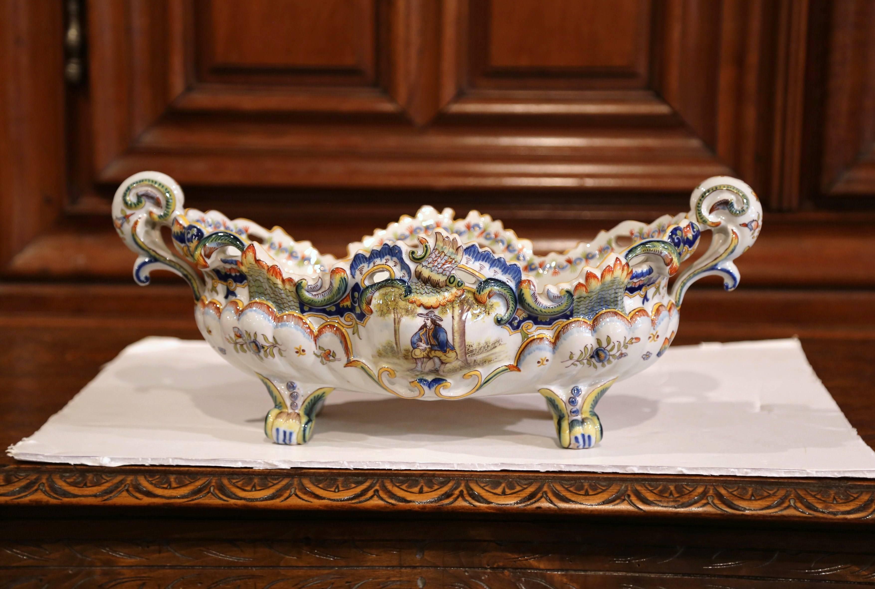 Hand-Crafted Early 20th Century French Hand Painted Faience Jardinière from Normandy For Sale