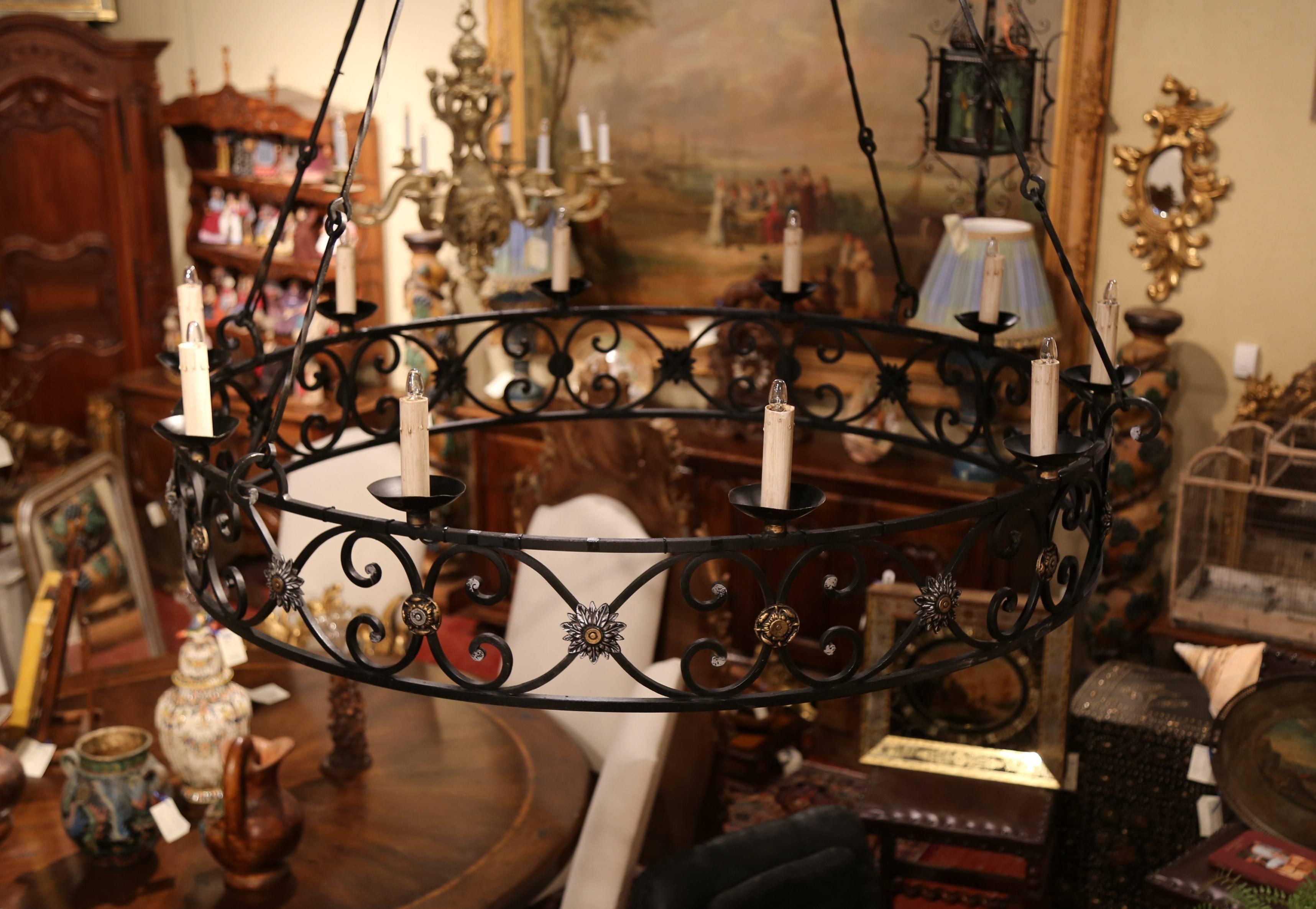 Hand-Crafted  Large Early 20th Century French Iron Ten-Light Round Chandelier from Normandy