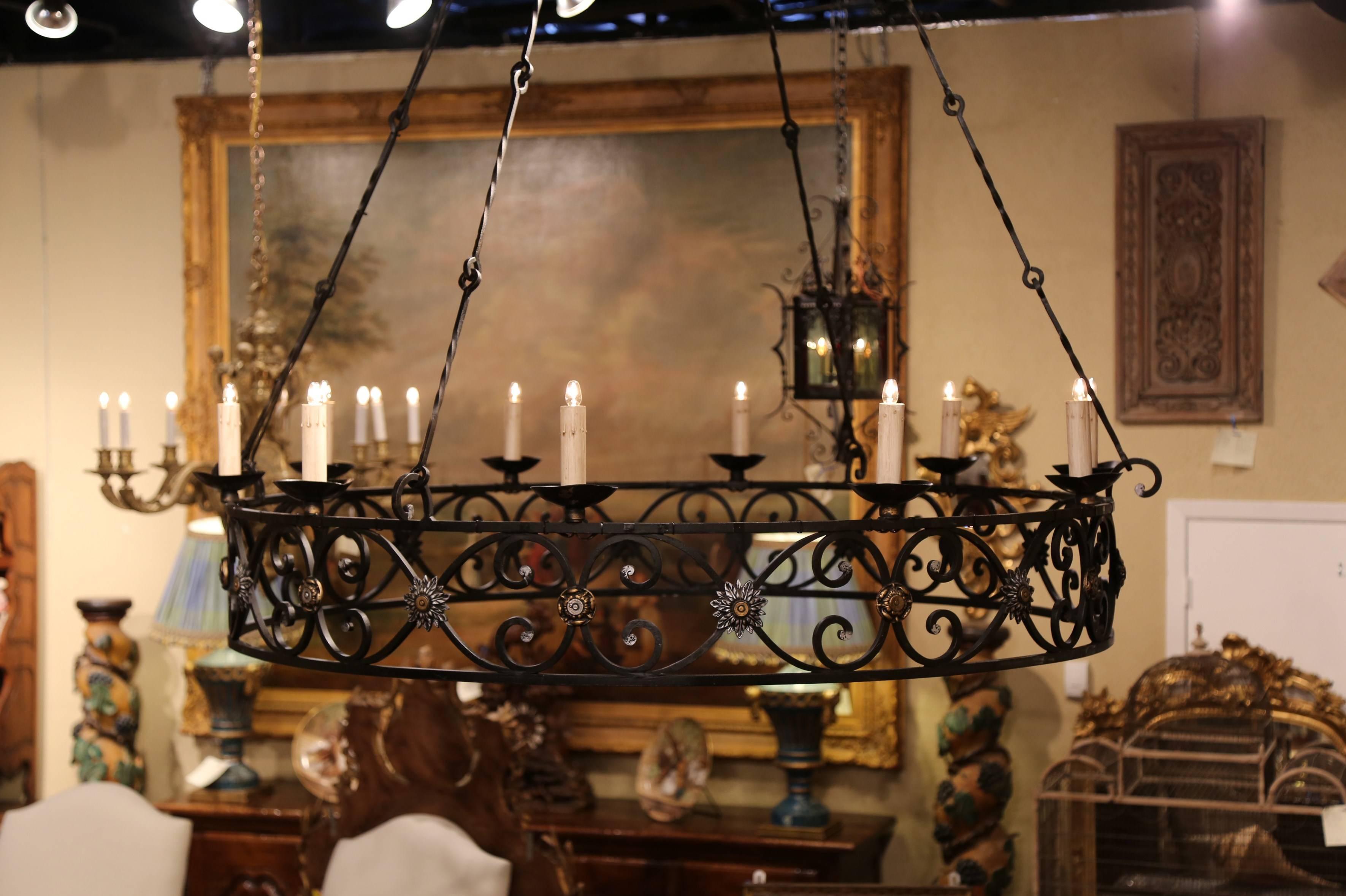  Large Early 20th Century French Iron Ten-Light Round Chandelier from Normandy 1