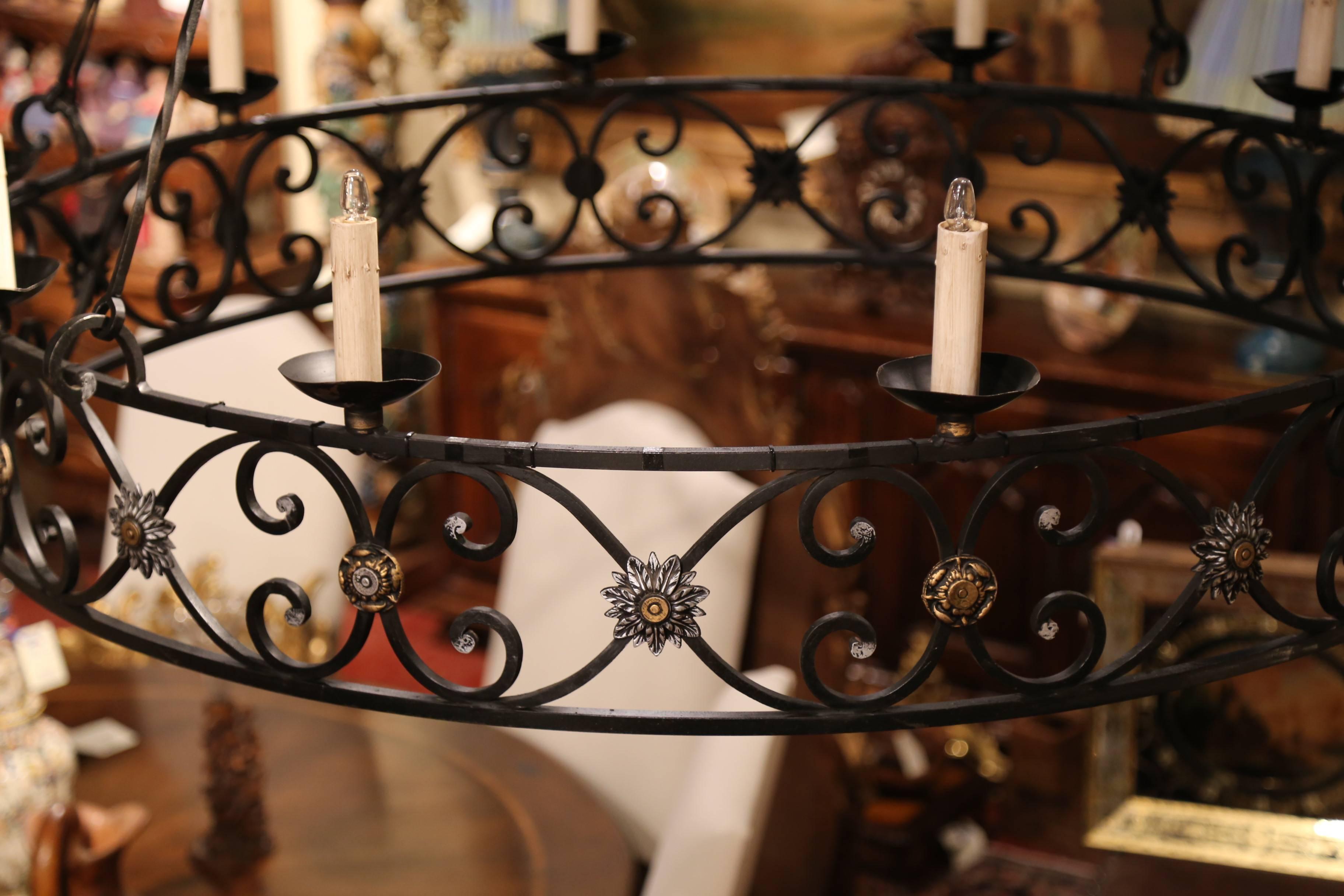  Large Early 20th Century French Iron Ten-Light Round Chandelier from Normandy 2