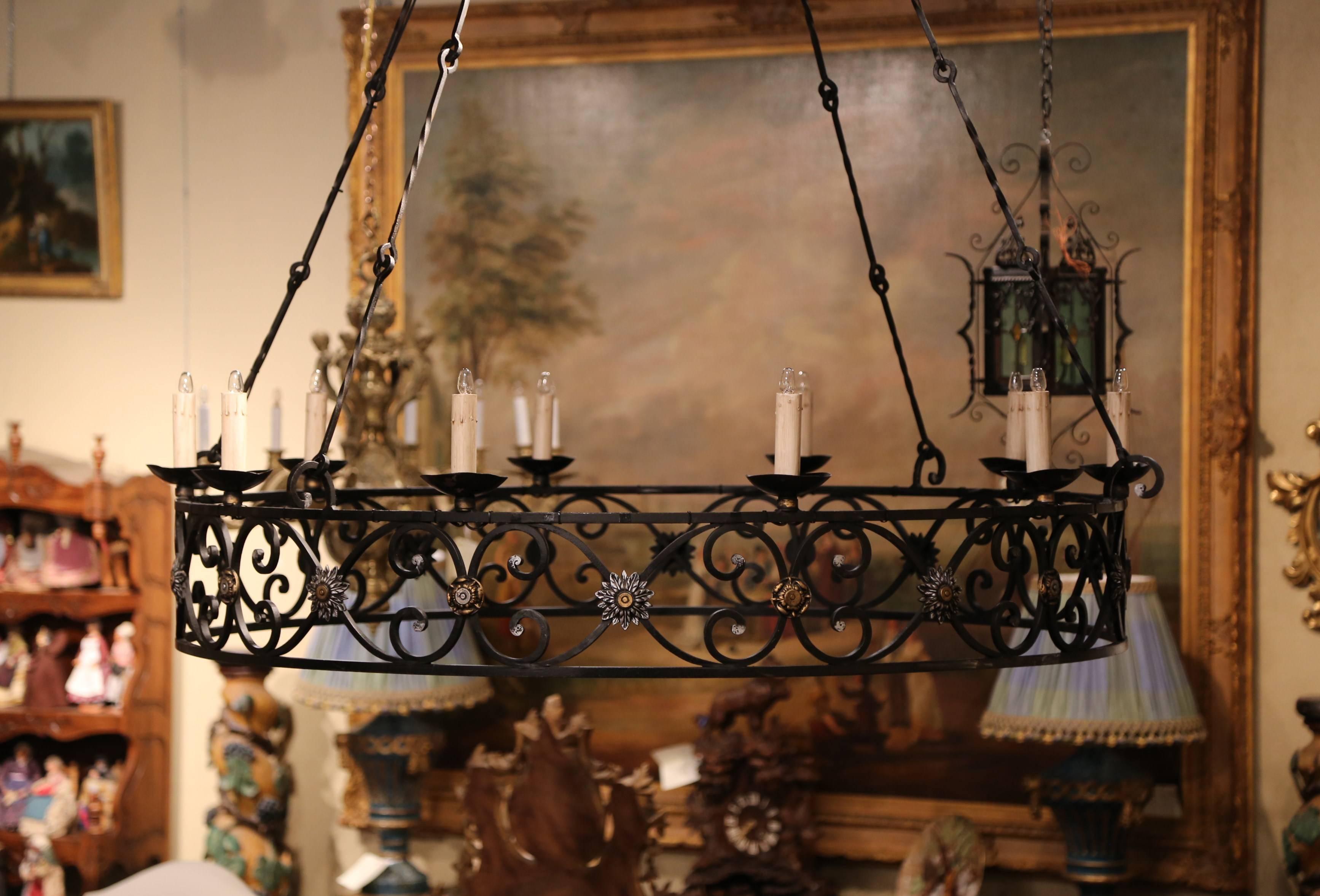  Large Early 20th Century French Iron Ten-Light Round Chandelier from Normandy 3