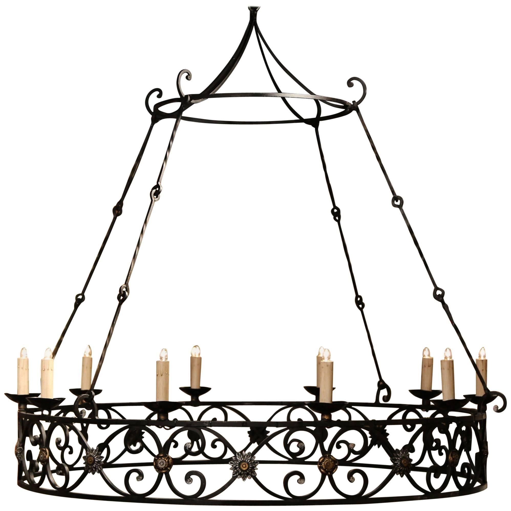 Large Early 20th Century French Iron Ten-Light Round Chandelier from Normandy