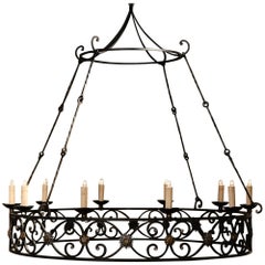 Large Early 20th Century French Iron Ten-Light Round Chandelier from Normandy