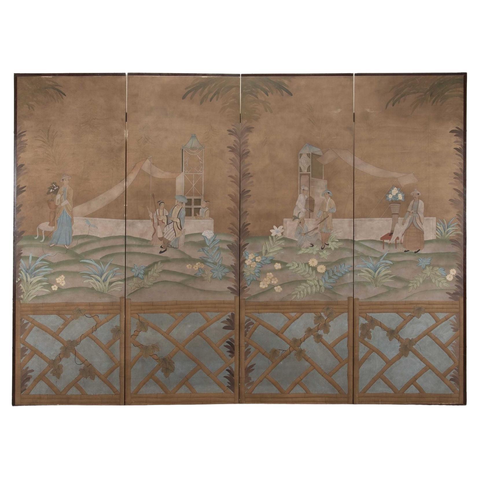 Gran biombo francés de chinoiserie pintado de principios del siglo XX
