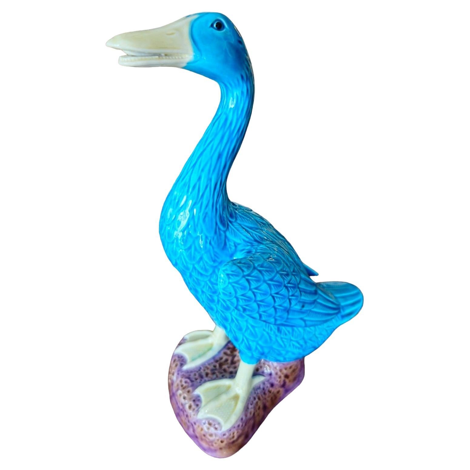 Large Early 20th Century Glazed Ceramic Blue Duck For Sale