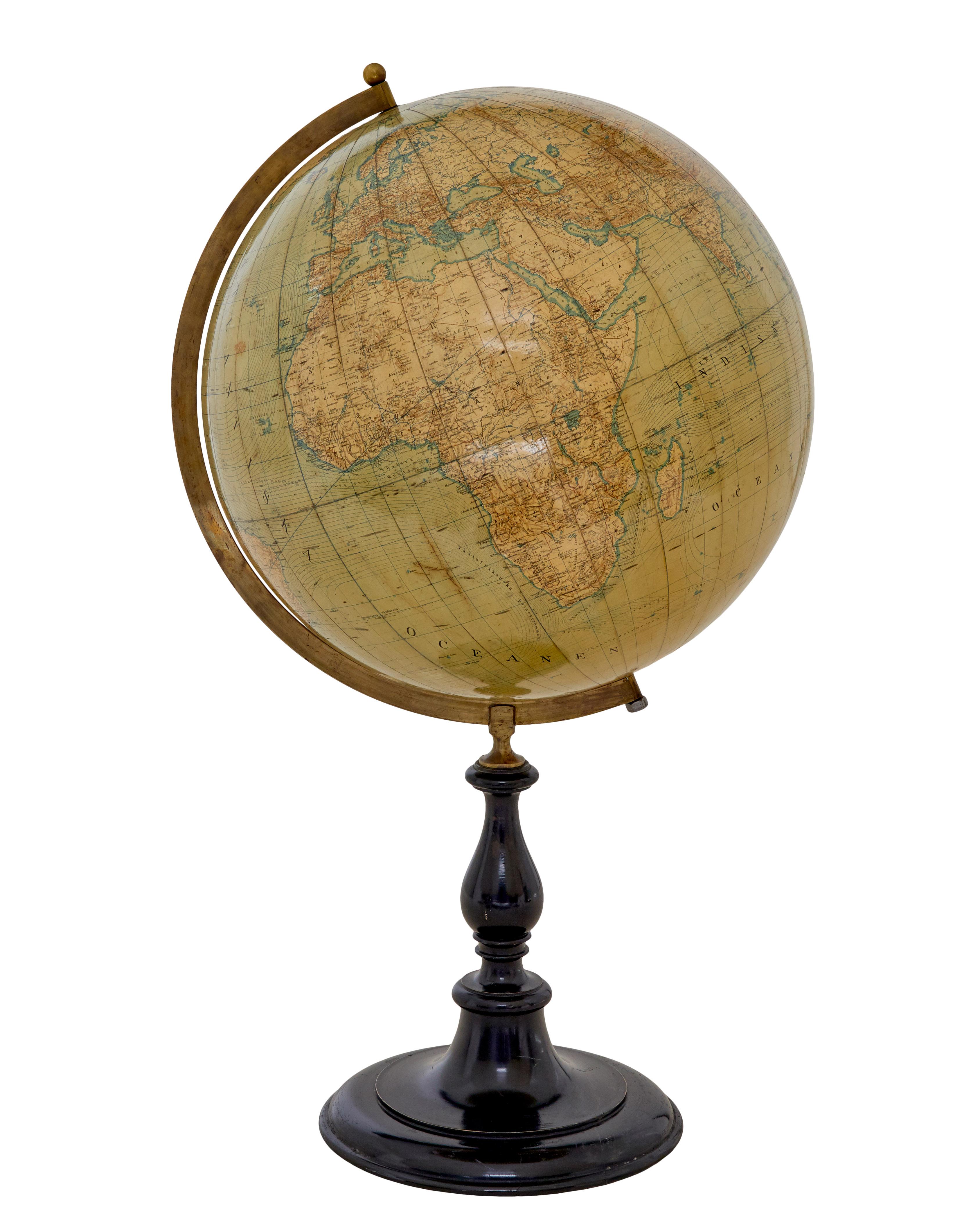 Large early 20th century globe on stand by jordglob circa 1909.

Beautiful Swedish globe of generous proportions.  A 1909 globe in good condition suspended on a brass arm, which sits in a turned ebonised base.

Stunning decorative item.

Minor old