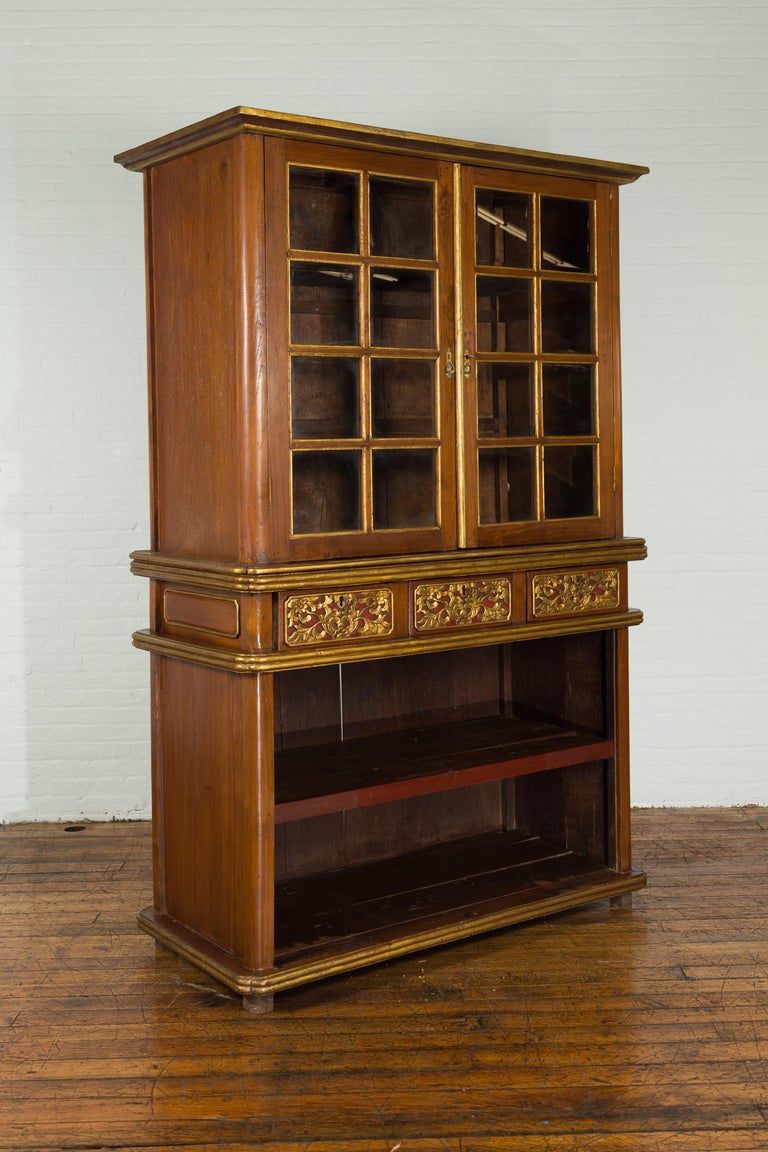 Carved Large Early 20th Century Indonesian Cabinet with Beveled Glass Doors and Drawers For Sale