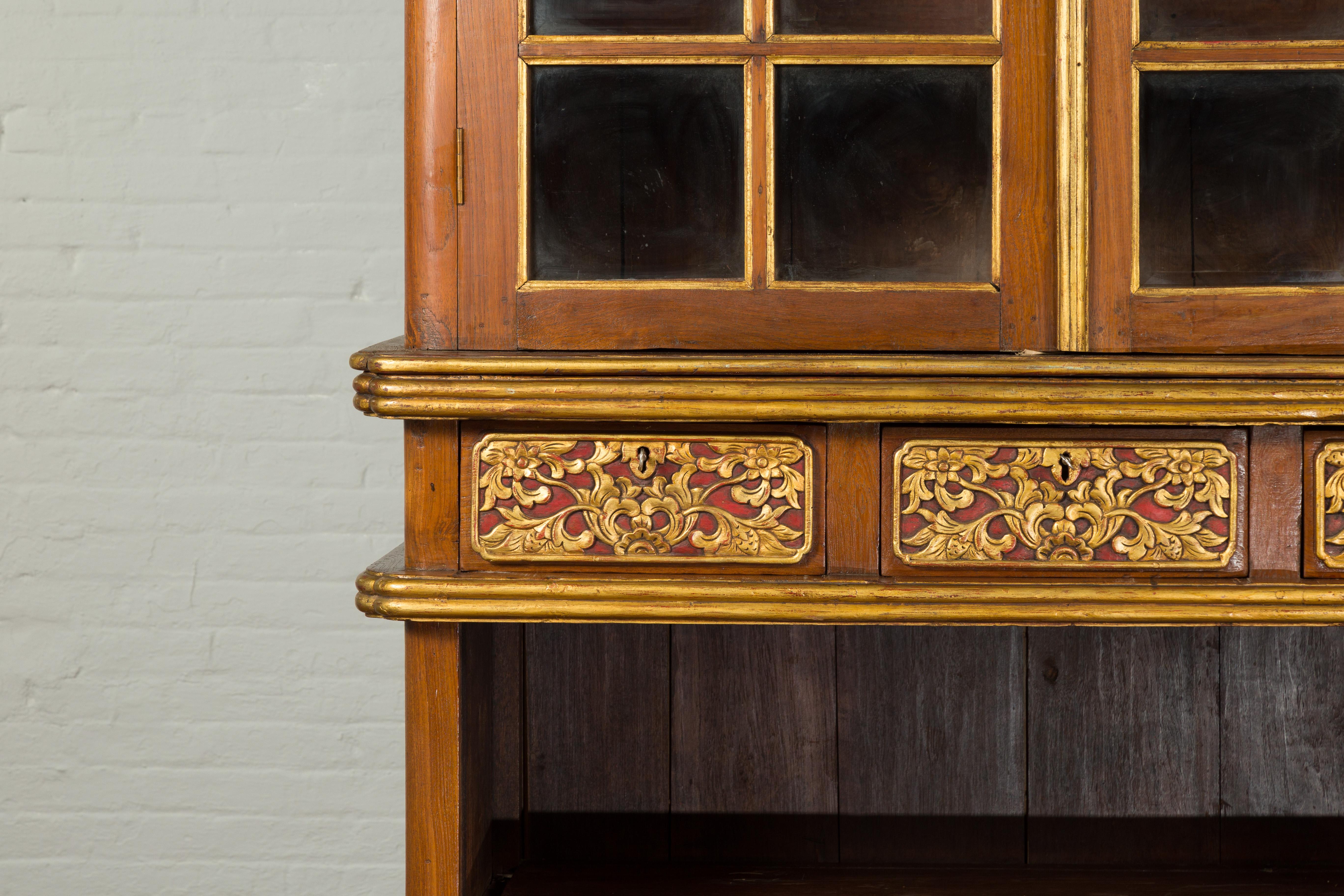 Wood Large Early 20th Century Indonesian Cabinet with Beveled Glass Doors and Drawers For Sale