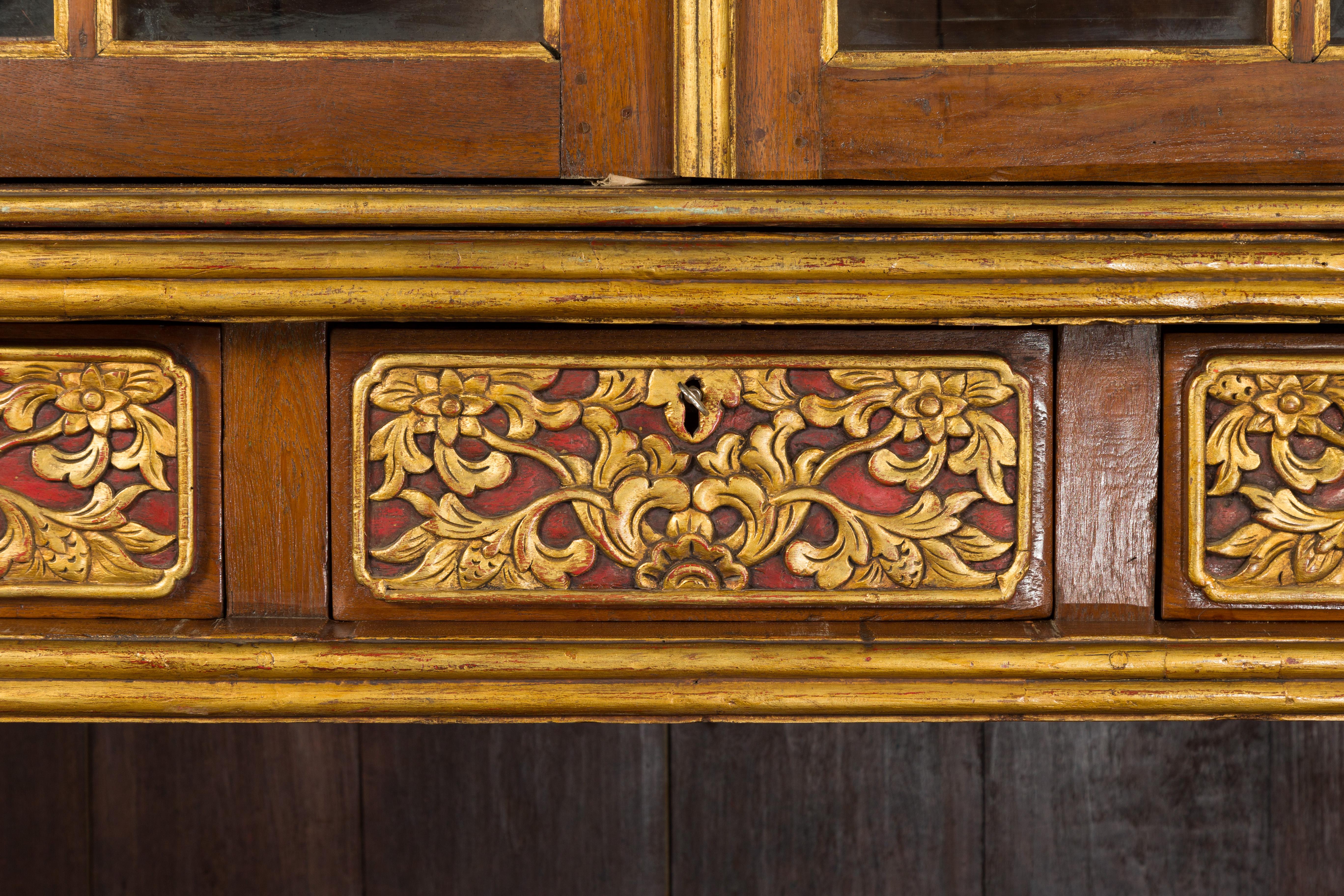 Large Early 20th Century Indonesian Cabinet with Beveled Glass Doors and Drawers For Sale 1