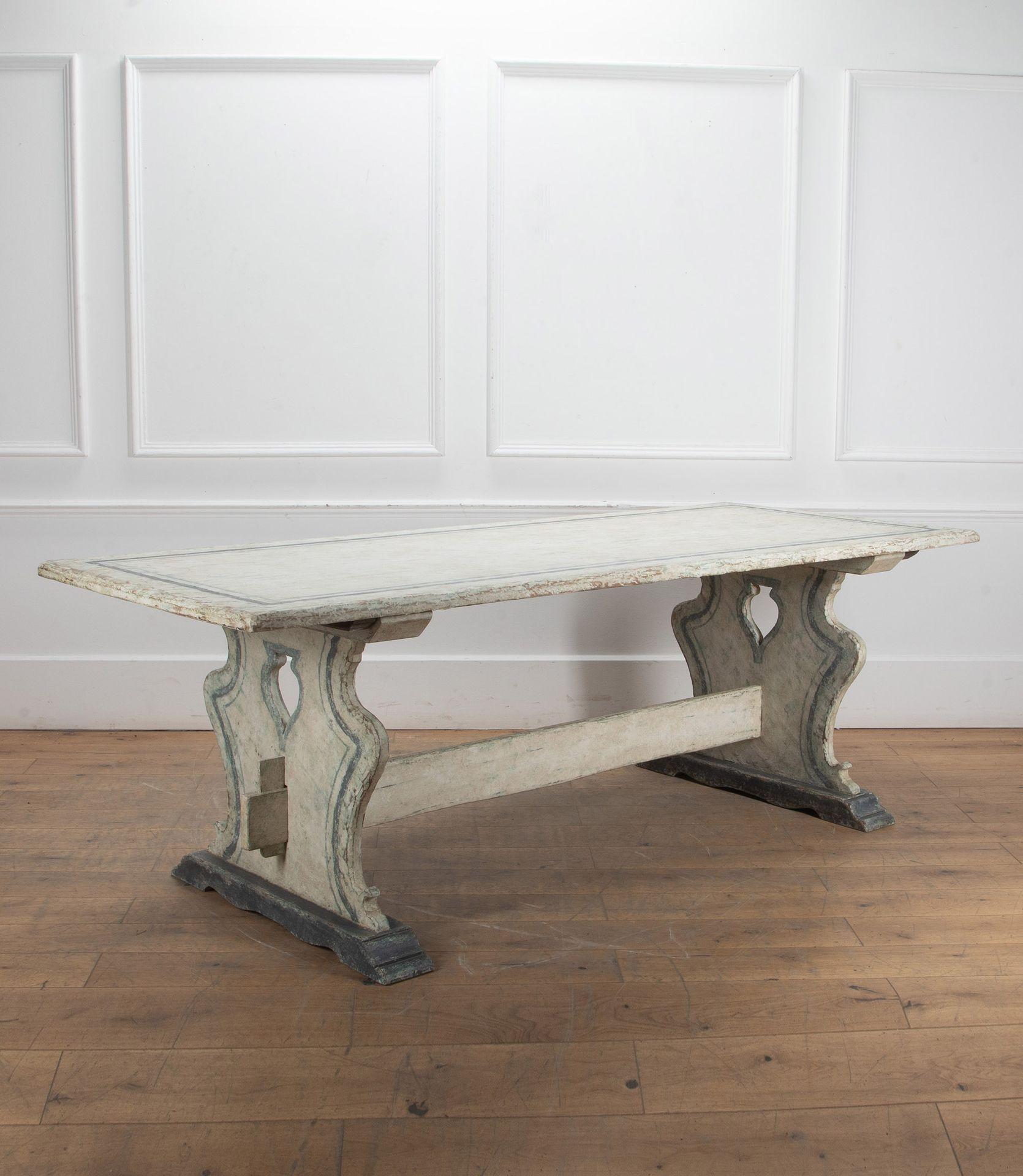 Large early 20th Century Italian, Tuscan trestle table.
With later antique white and green grey gesso finish.
Circa 1920.