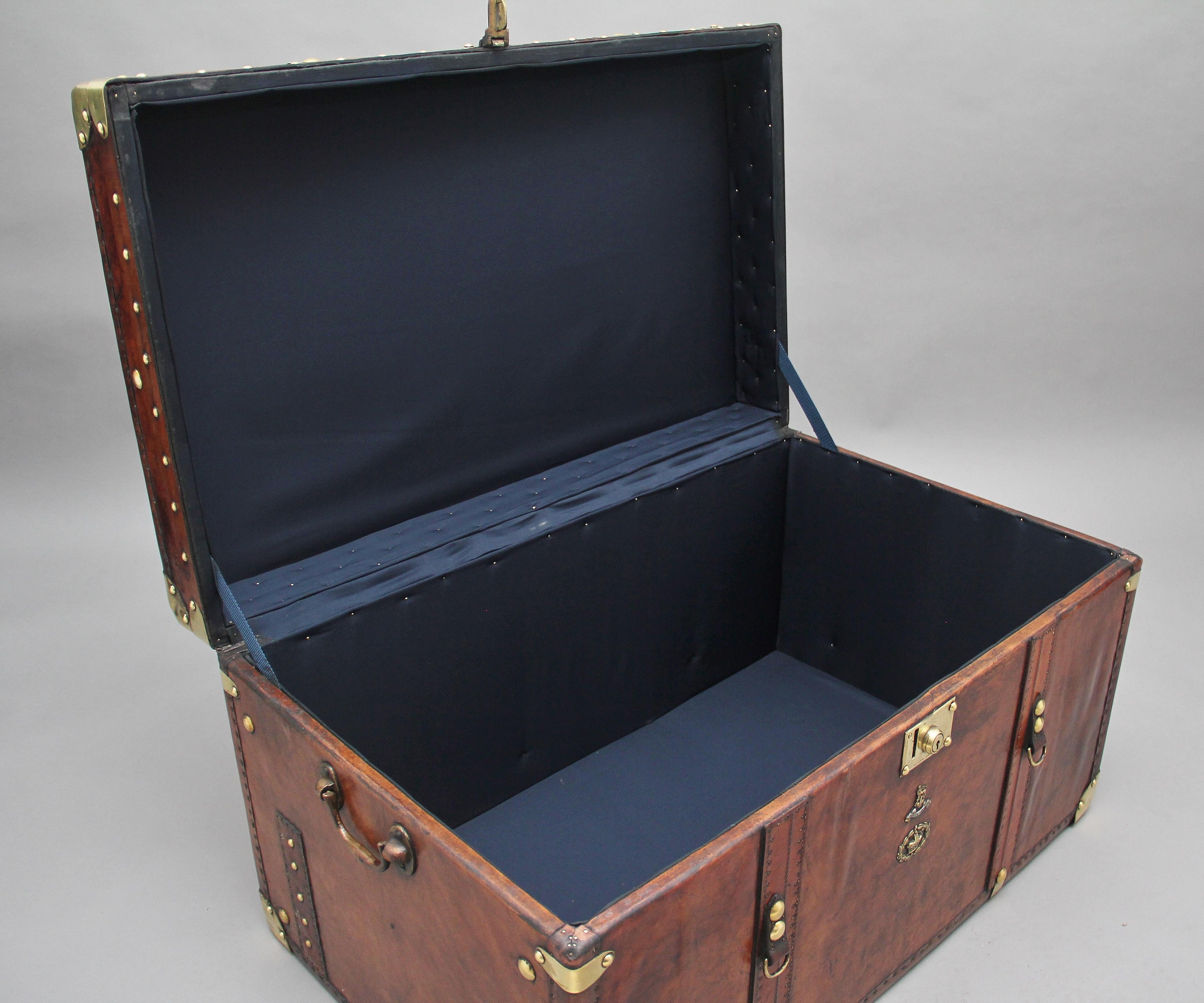 Edwardian Large Early 20th Century Leather Bound Ex Army Trunk
