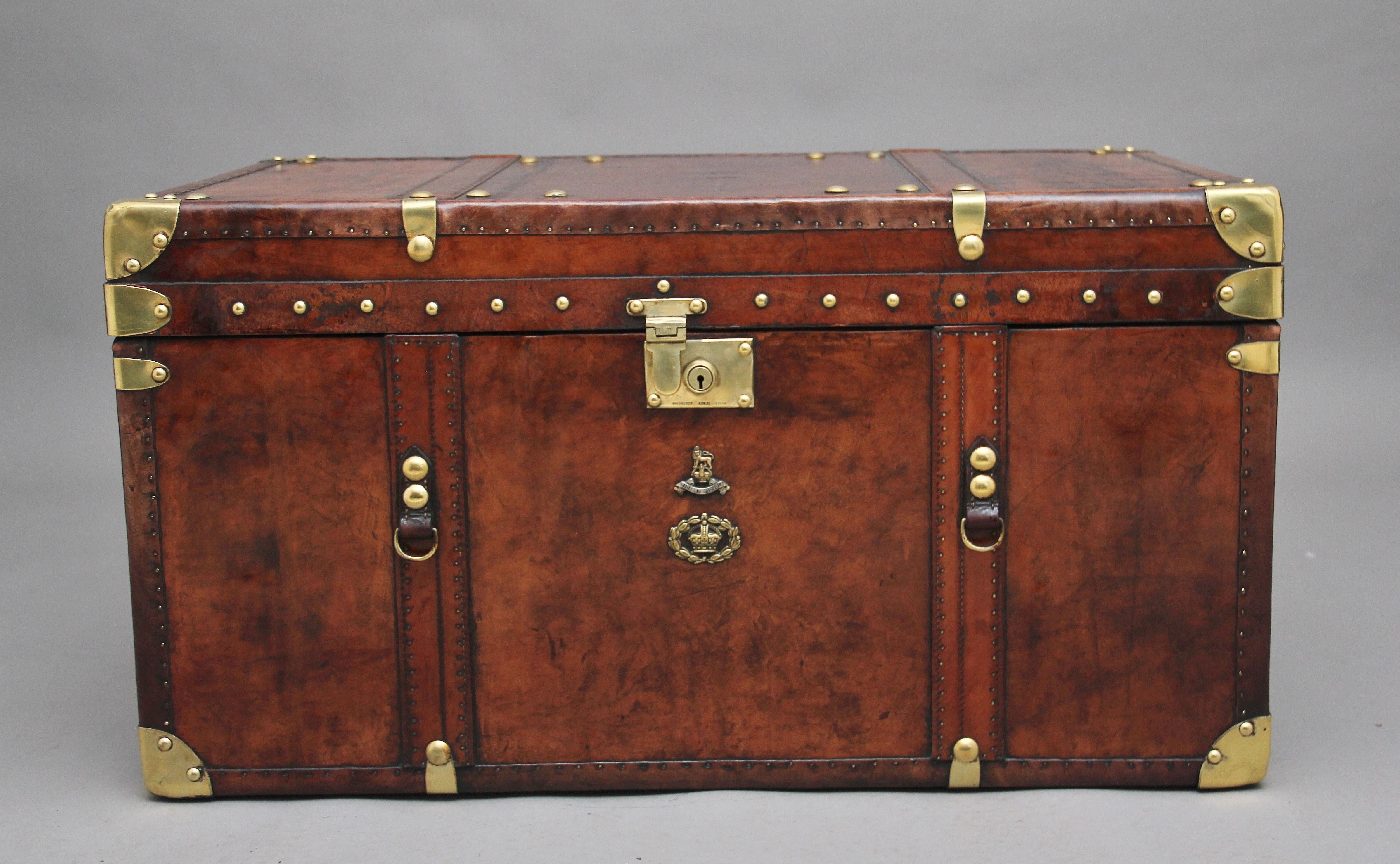 Large Early 20th Century Leather Bound Ex Army Trunk 1