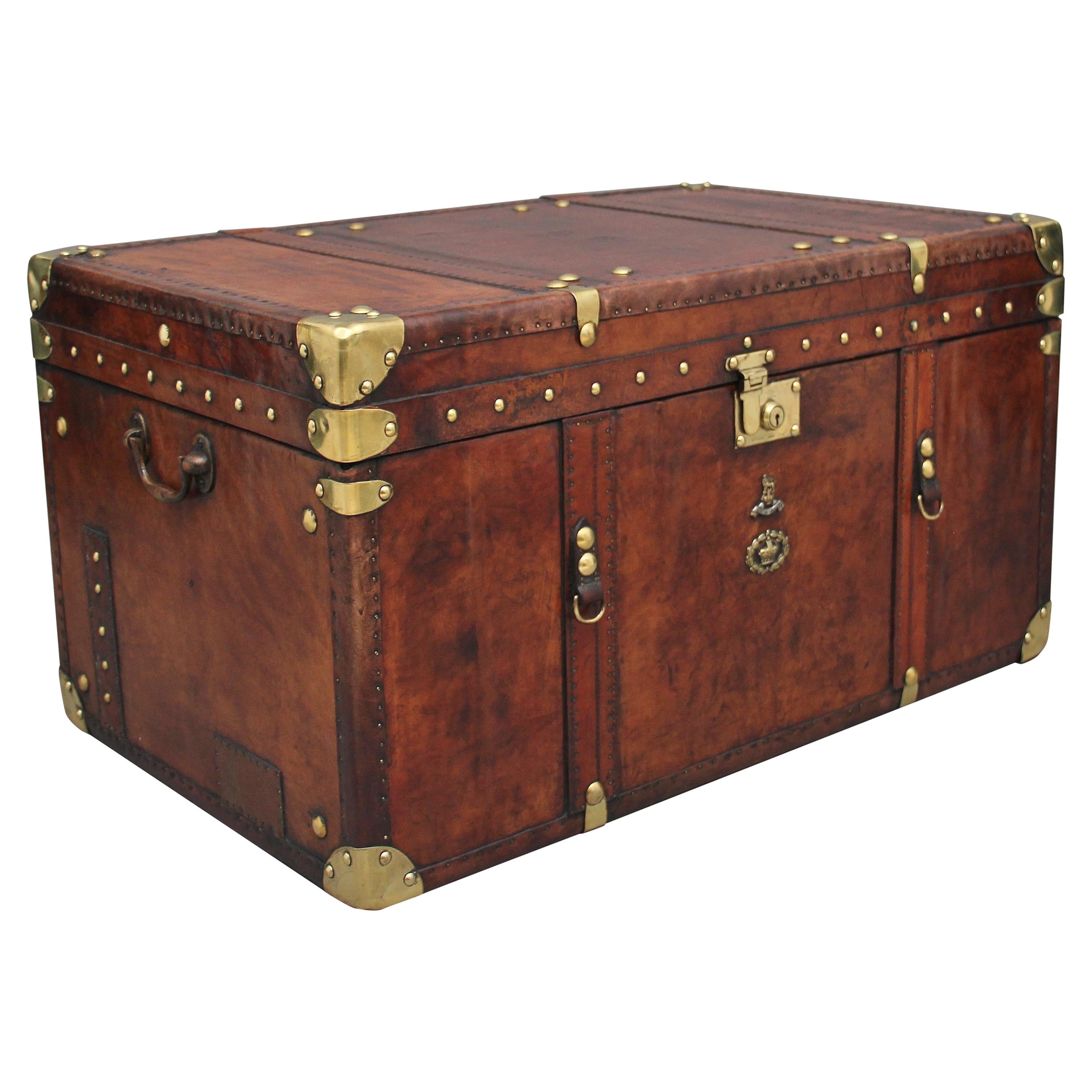 Large Early 20th Century Leather Bound Ex Army Trunk