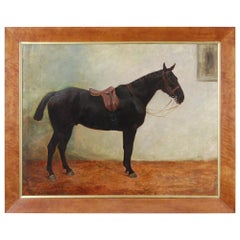 Large Early 20th Century Oil on Canvas of a Saddled Dark Bay Horse in a Stable