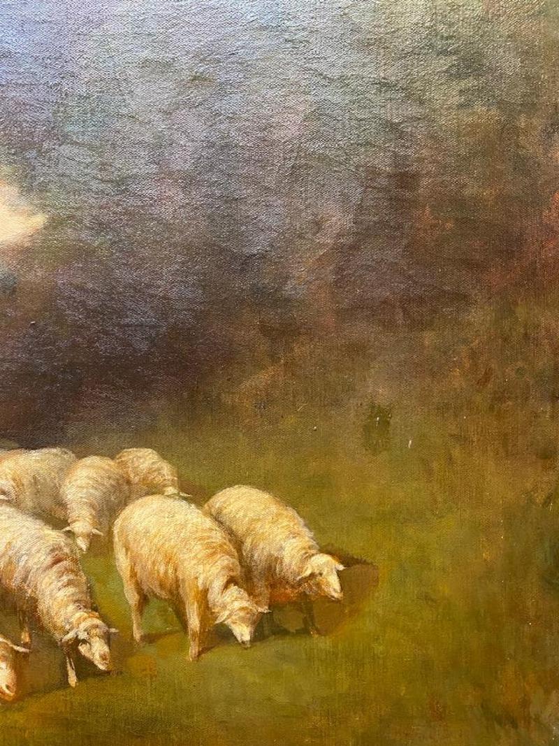 Peint à la main Grande peinture à l'huile sur toile du début du 20e siècle représentant des moutons par Charles T. Phelan en vente