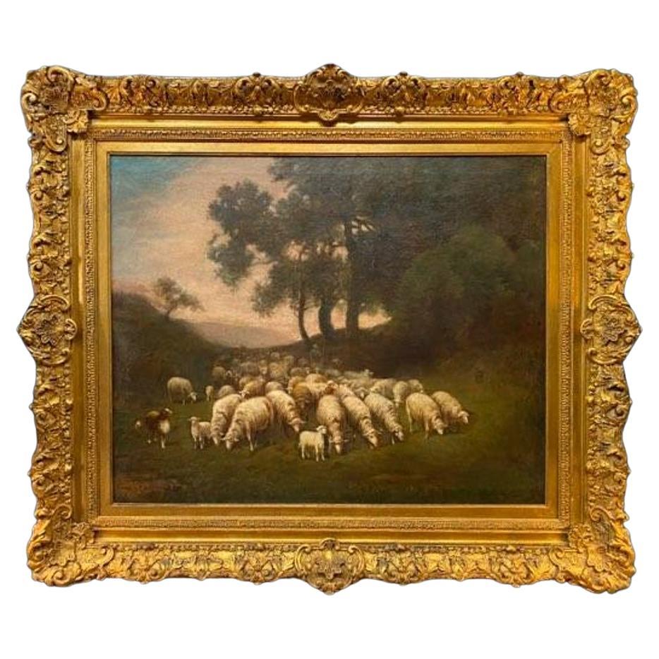 Grande peinture à l'huile sur toile du début du 20e siècle représentant des moutons par Charles T. Phelan en vente