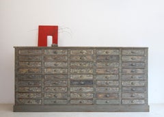 Large Early 20th Century Original Painted Pine Workshop Drawer Cabinet