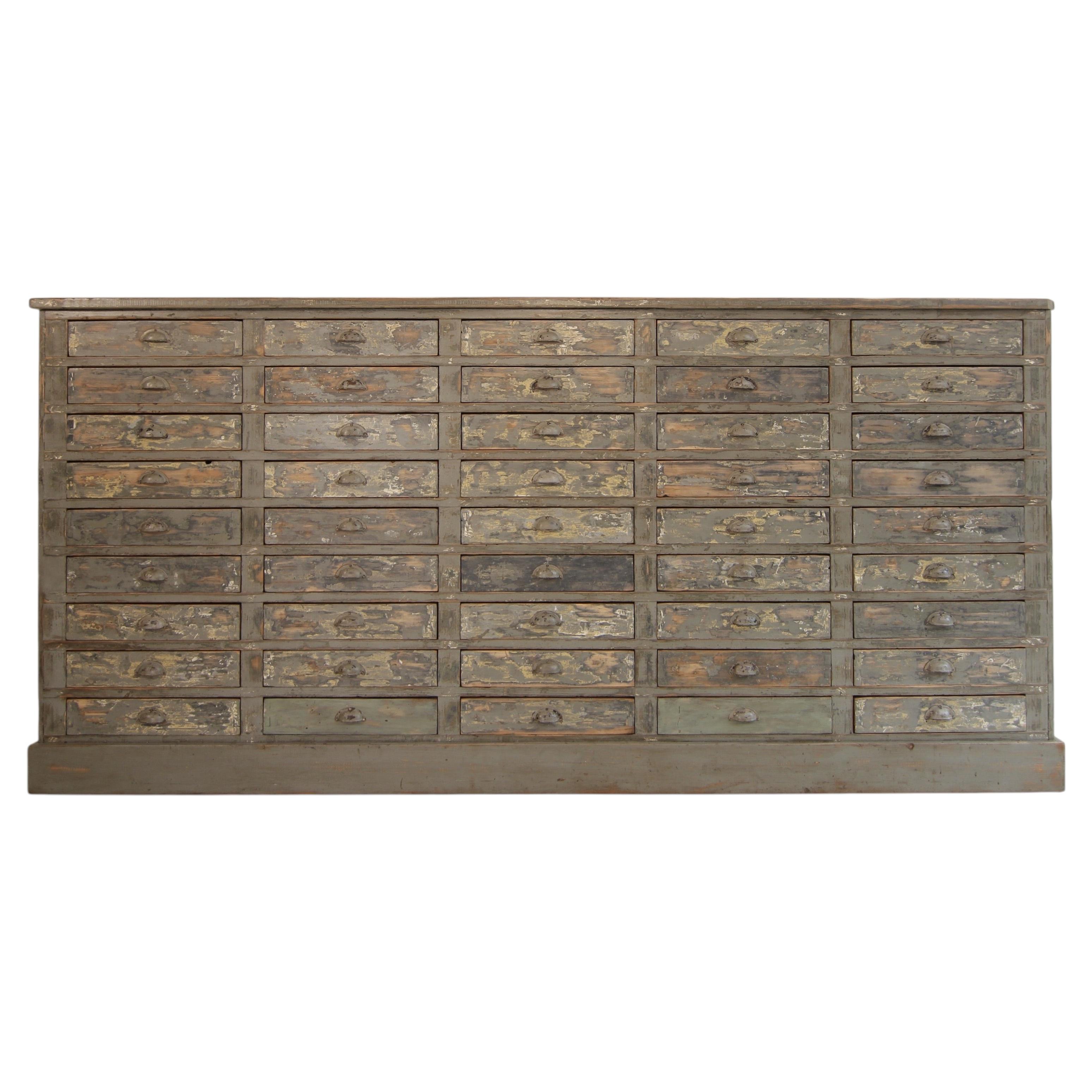 Large Early 20th Century Original Painted Pine Workshop Drawer Cabinet