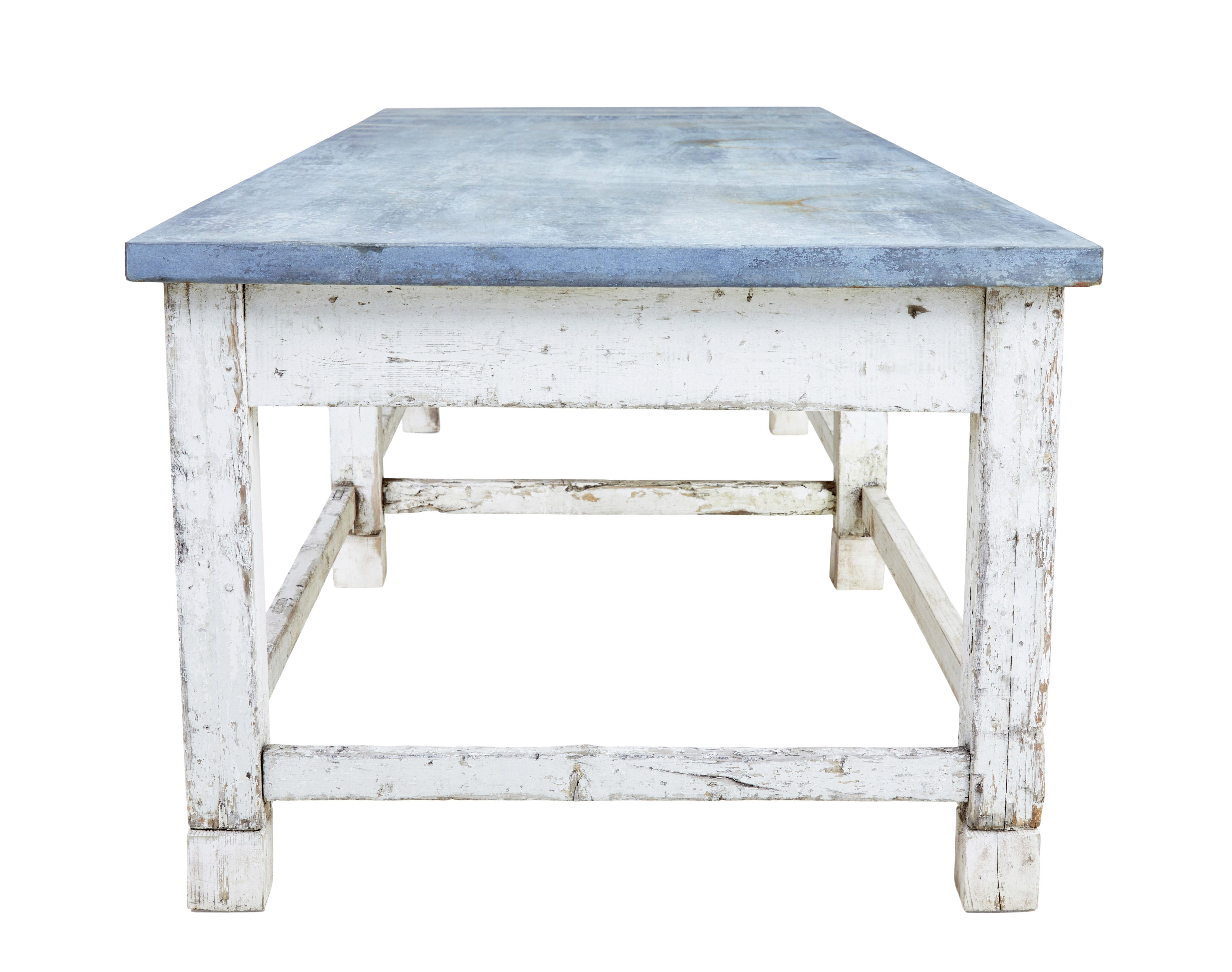 Large early 20th century pine and zinc industrial table circa 1900.

Good quality table of large proportions which offers many possibilities for further use.  Ideally lends itself for retail display or potentially as a dining table.

Original zinc