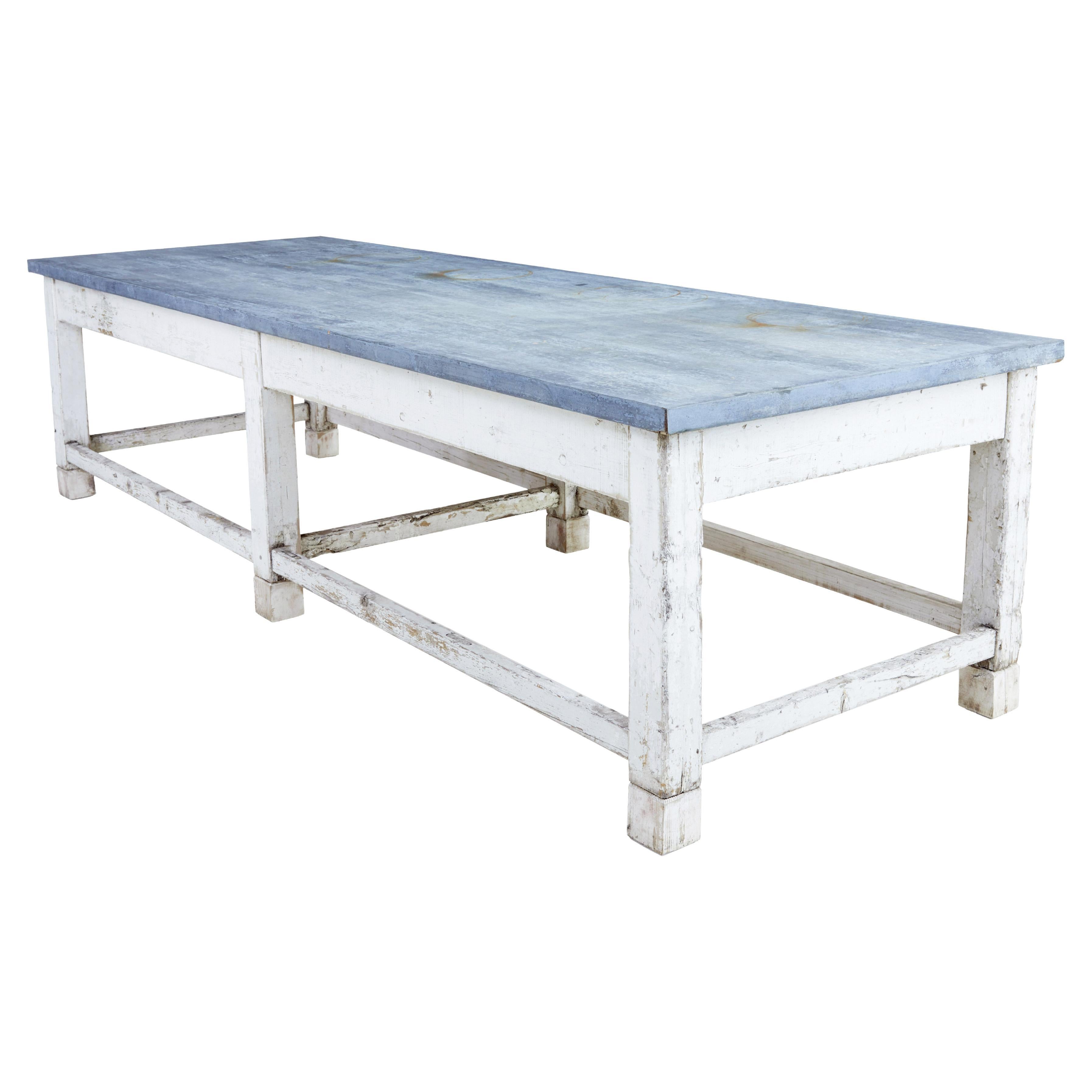 Large early 20th century pine and zinc industrial table For Sale