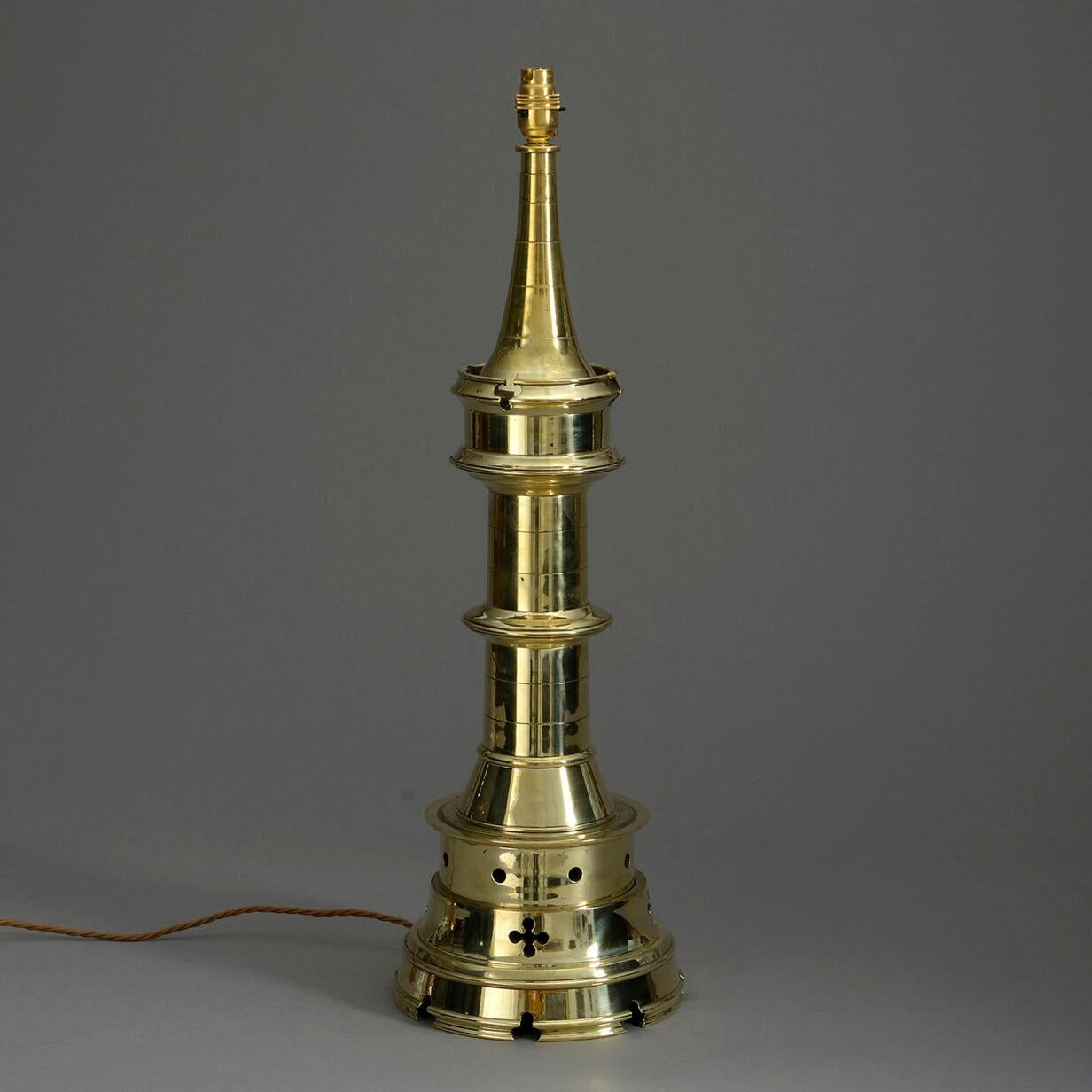 A most unusual example of early 20th century Aesthetic Movement lighting. Takiing the form of a lighthouse, this polished cast brass lamp has tremendous scale and is to the best of our understanding unique.

We can rewire this to all international