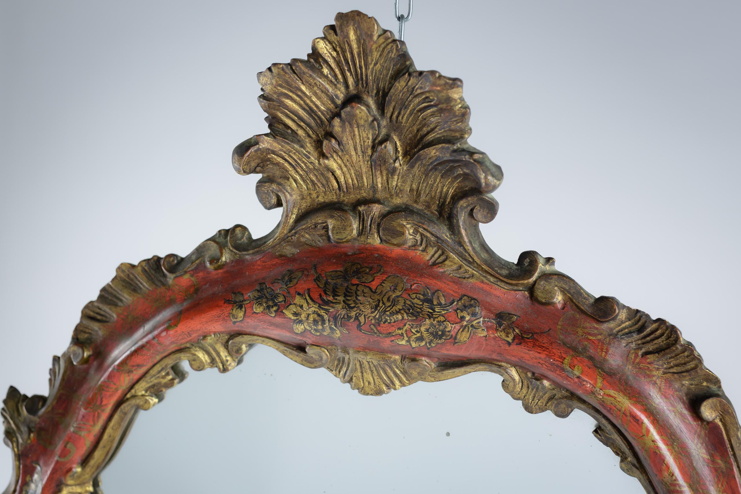 Italian Large Early 20th Century Red Chinoiserie Venetian Mirror For Sale
