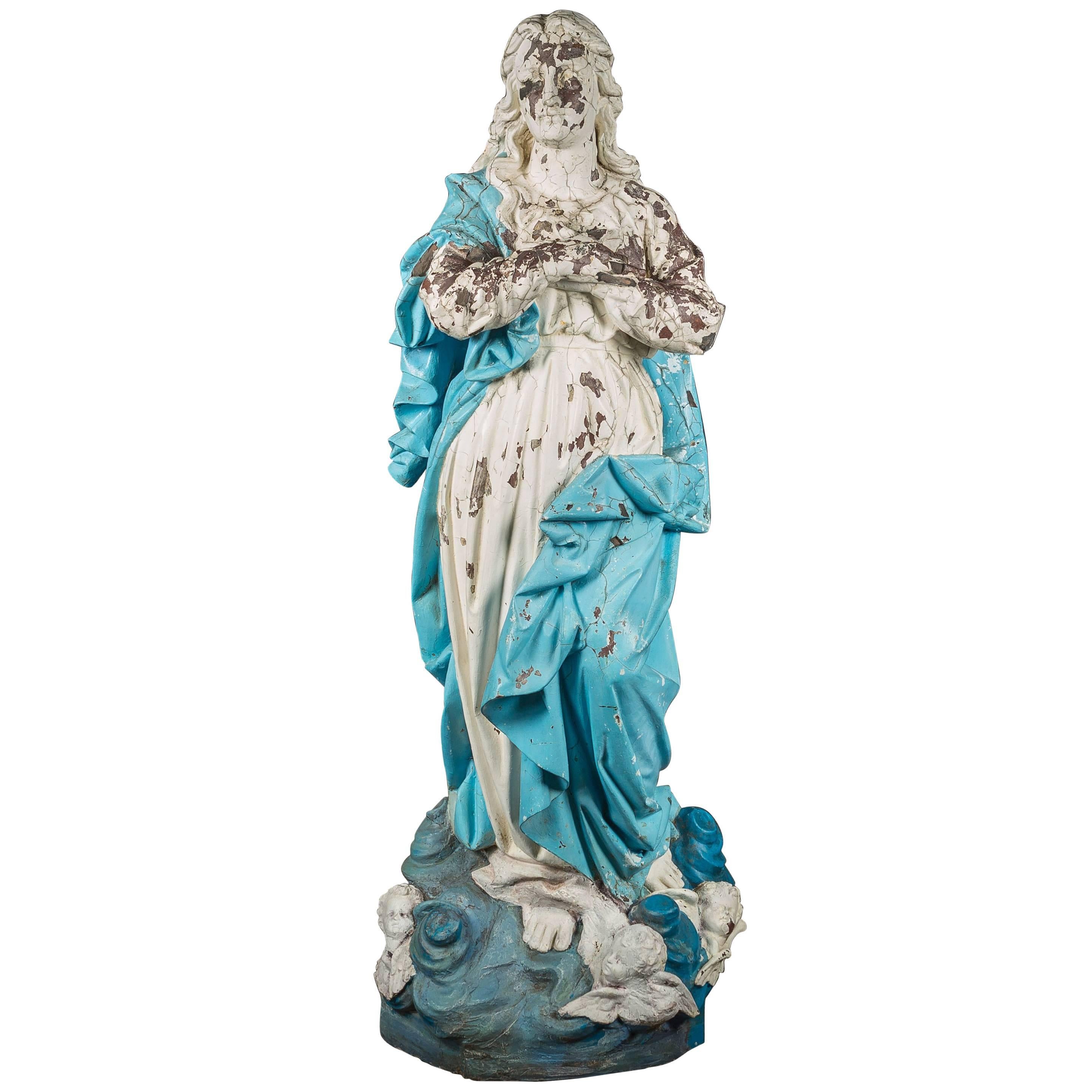 Large Early 20th Century Resin Composite Statue of Mary with Cherubs For Sale