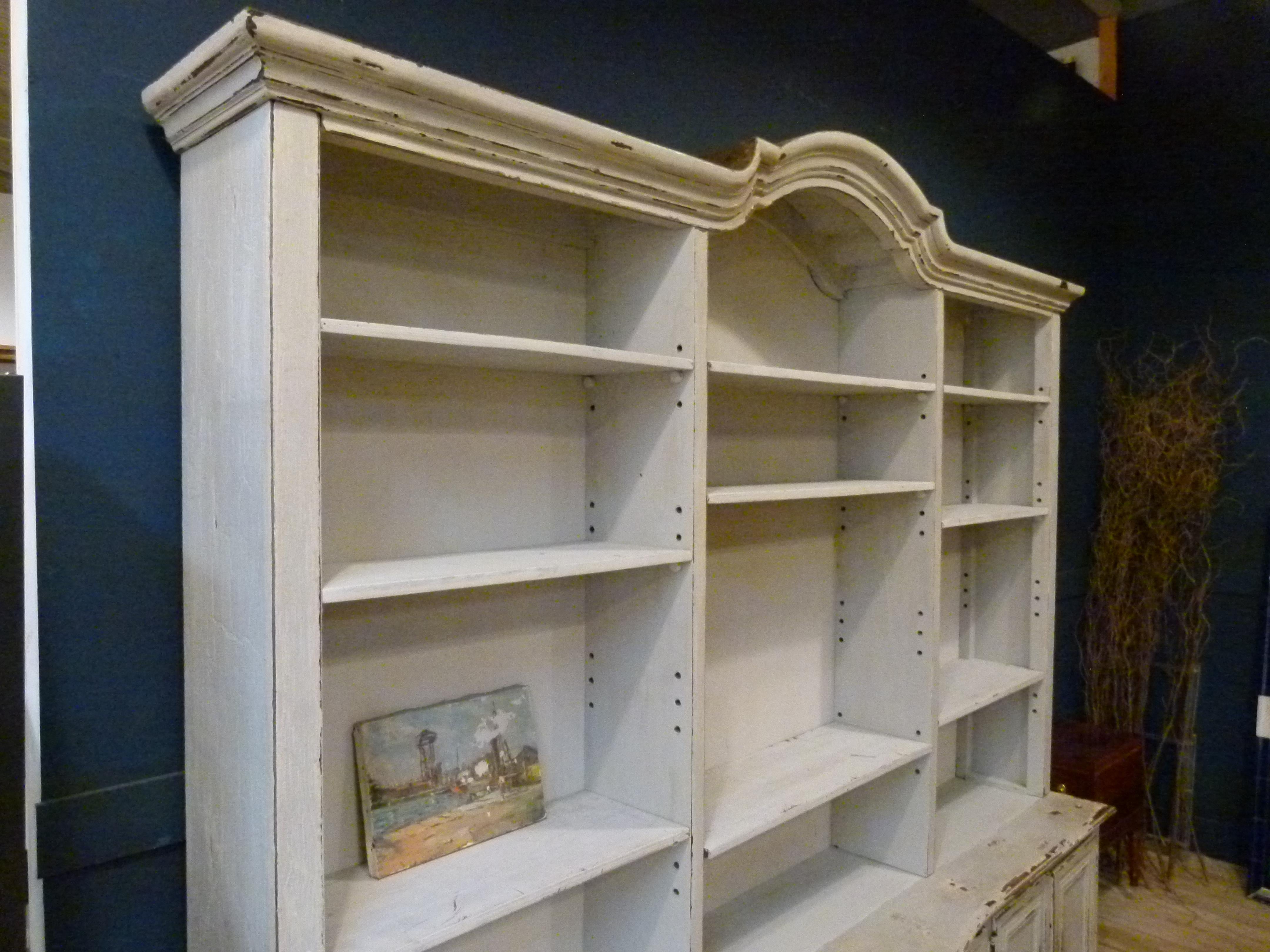 Large early  country style 20th century walnut bookshelf with  a grey patina.  This large Bookshelf has lot of space for books. The nice patina will give to your room the antique atmosphere.  The shelves can be fixed in different positions depending