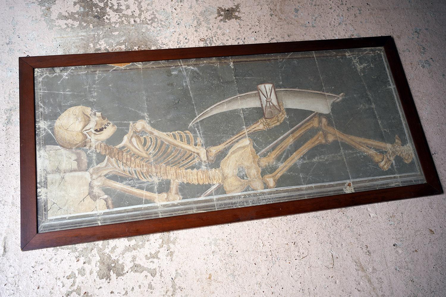 Large Early 20thC Italian Oil on Canvas Memento Mori Painting of a Skeleton 10