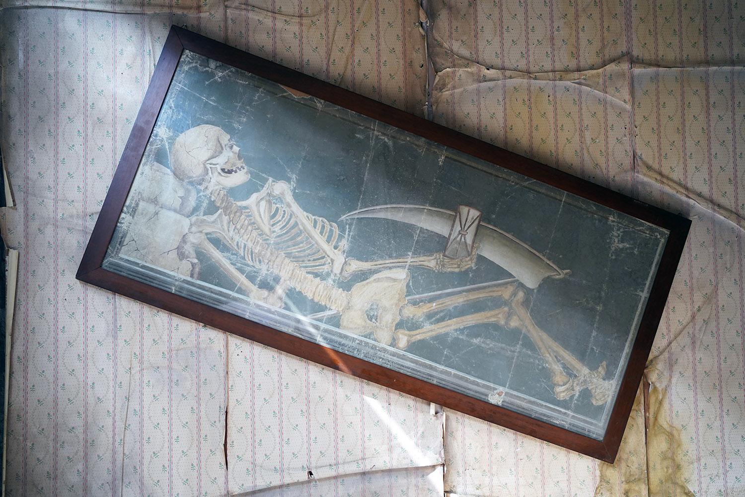 Hand-Painted Large Early 20thC Italian Oil on Canvas Memento Mori Painting of a Skeleton