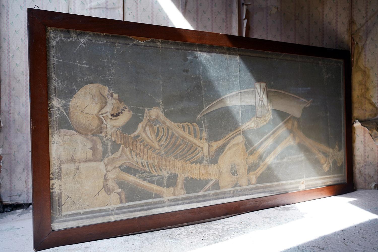 20th Century Large Early 20thC Italian Oil on Canvas Memento Mori Painting of a Skeleton