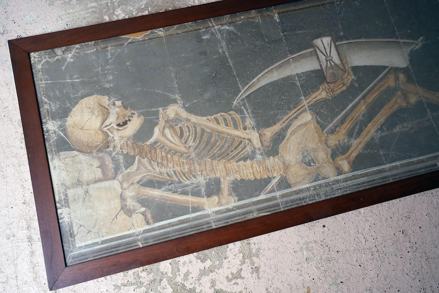 Large Early 20thC Italian Oil on Canvas Memento Mori Painting of a Skeleton 1