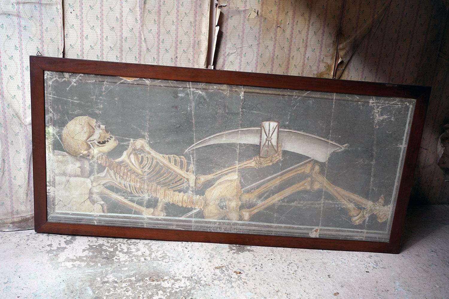 Large Early 20thC Italian Oil on Canvas Memento Mori Painting of a Skeleton 2