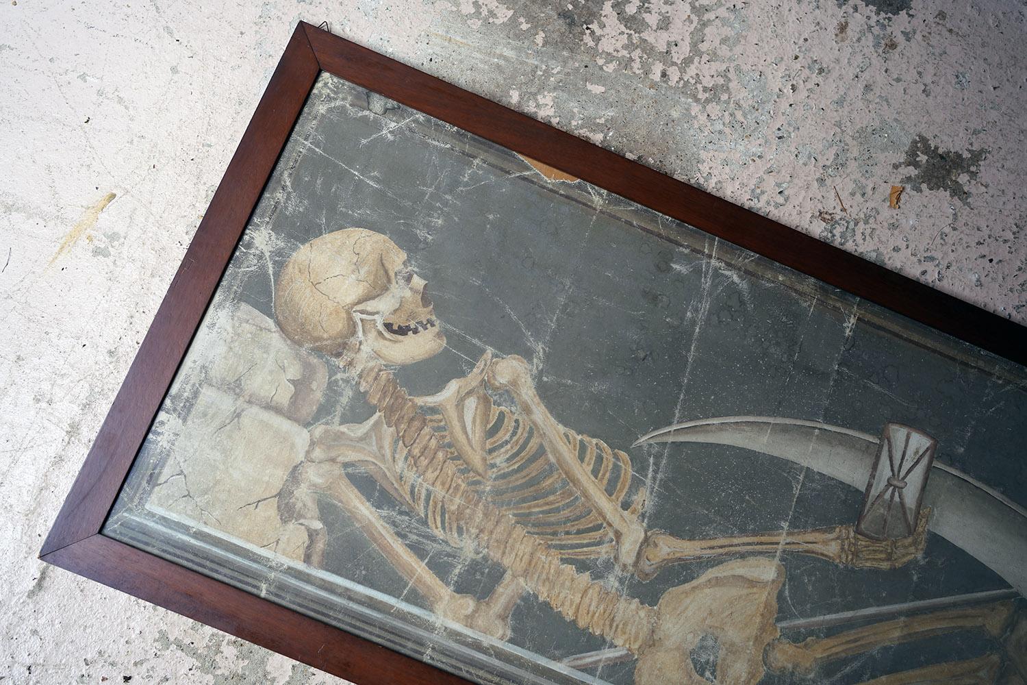 Large Early 20thC Italian Oil on Canvas Memento Mori Painting of a Skeleton 3