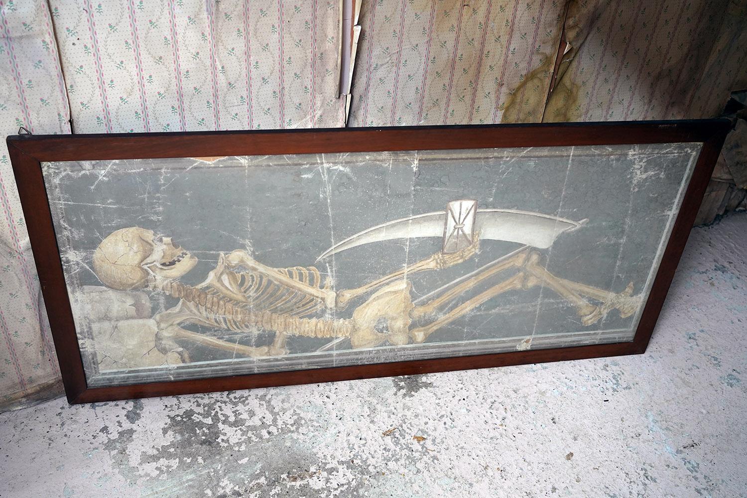 Large Early 20thC Italian Oil on Canvas Memento Mori Painting of a Skeleton 4