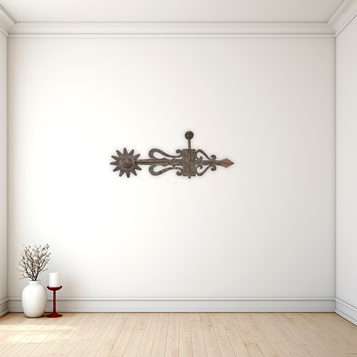 Large early American Antique Copper Bannerette Weather Vane 

Possibly J. Howard & Co.
First-half of the 19th century; Northeastern, USA
Copper, iron

Approximate size:  24 (h) x 55 (w) x 1 (d) in.

This rare and large American scrollwork bannerette