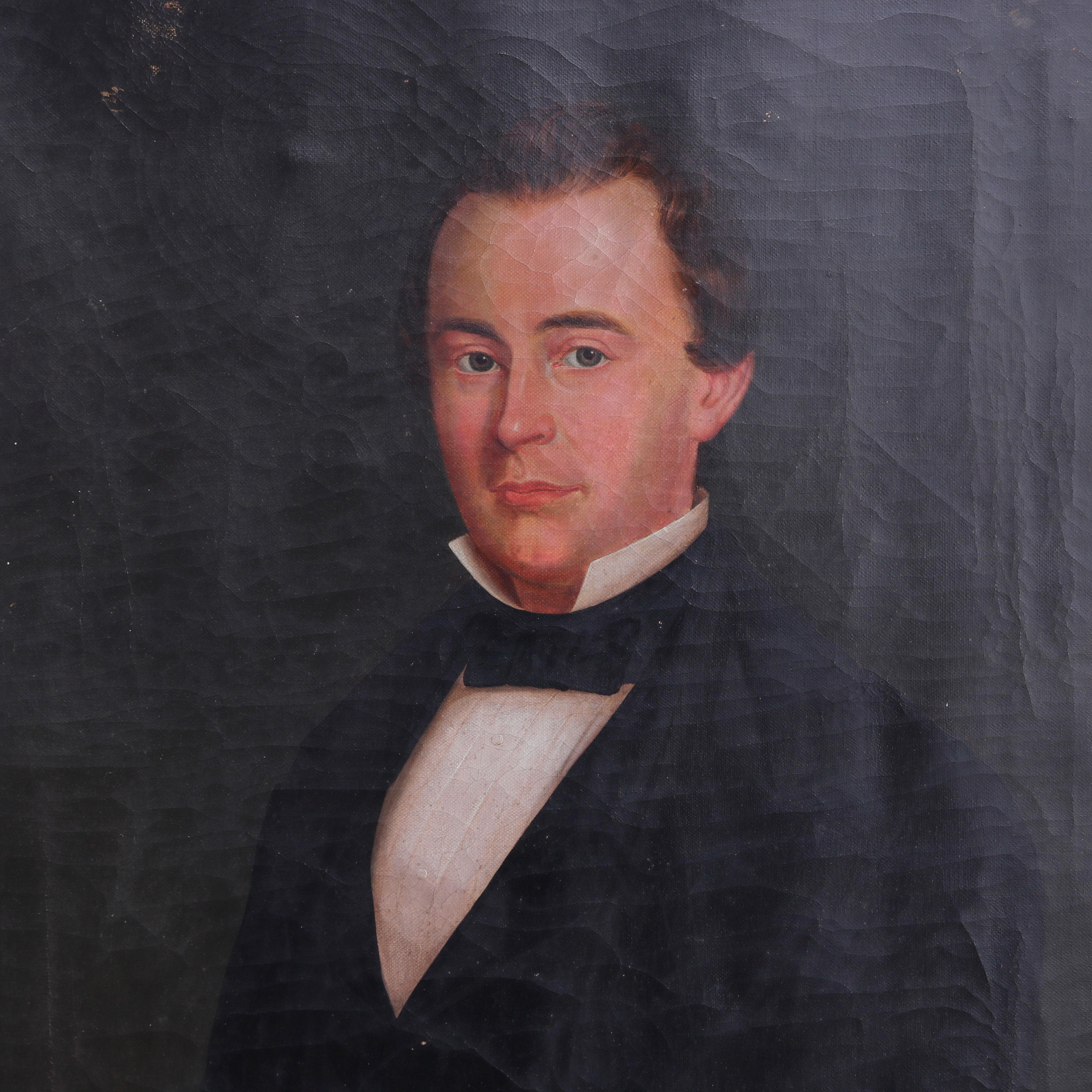 An early and large antique painting offers oil on canvas portrait of a baron or businessman with a New York newspaper (possibly The New York Times) , unsigned, seated in giltwood frame, c1850

Measures - 40.25''H x 33.25''W x 2''D.