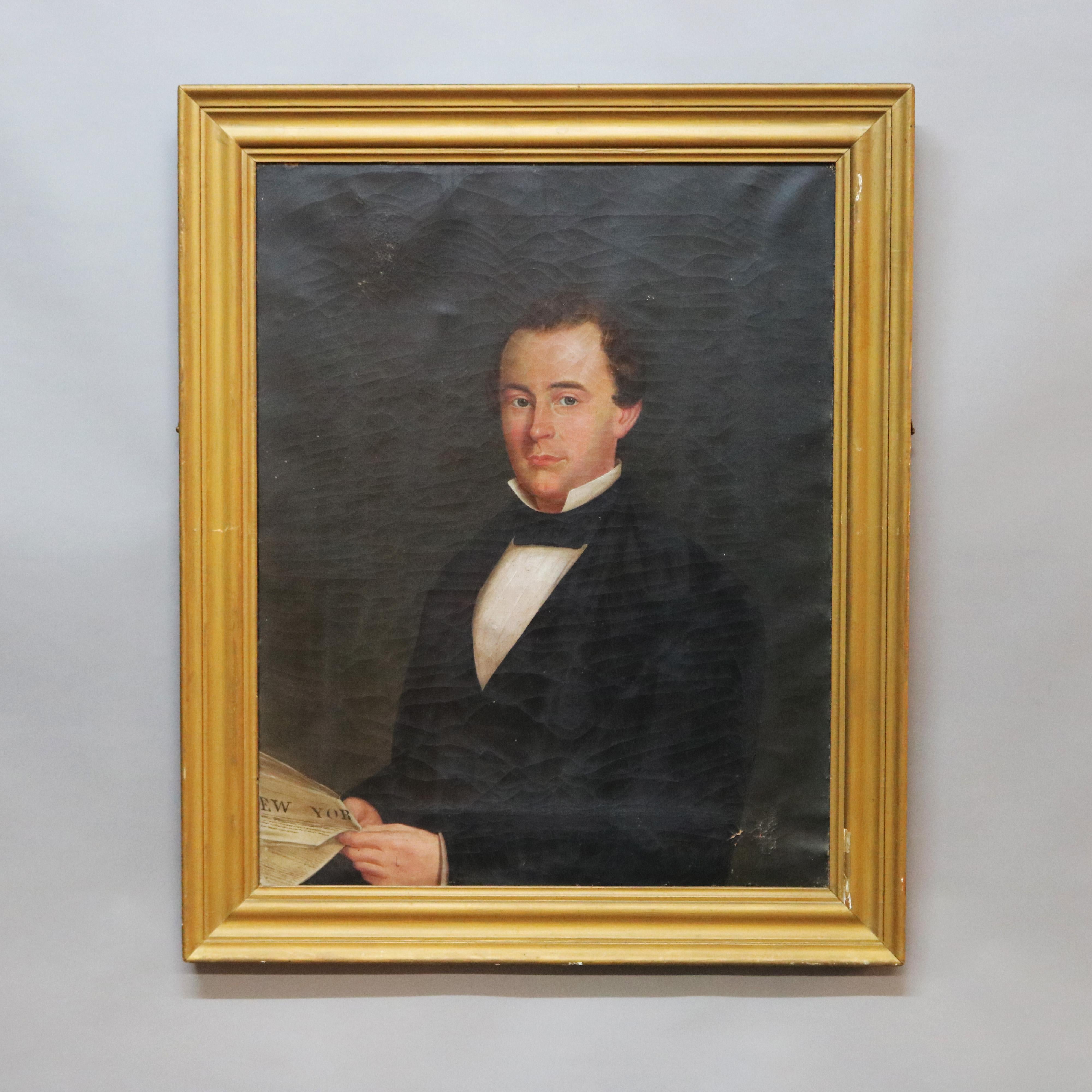 American Large Early Antique Portrait Painting, Gentleman Holding a NY Newspaper, c1850